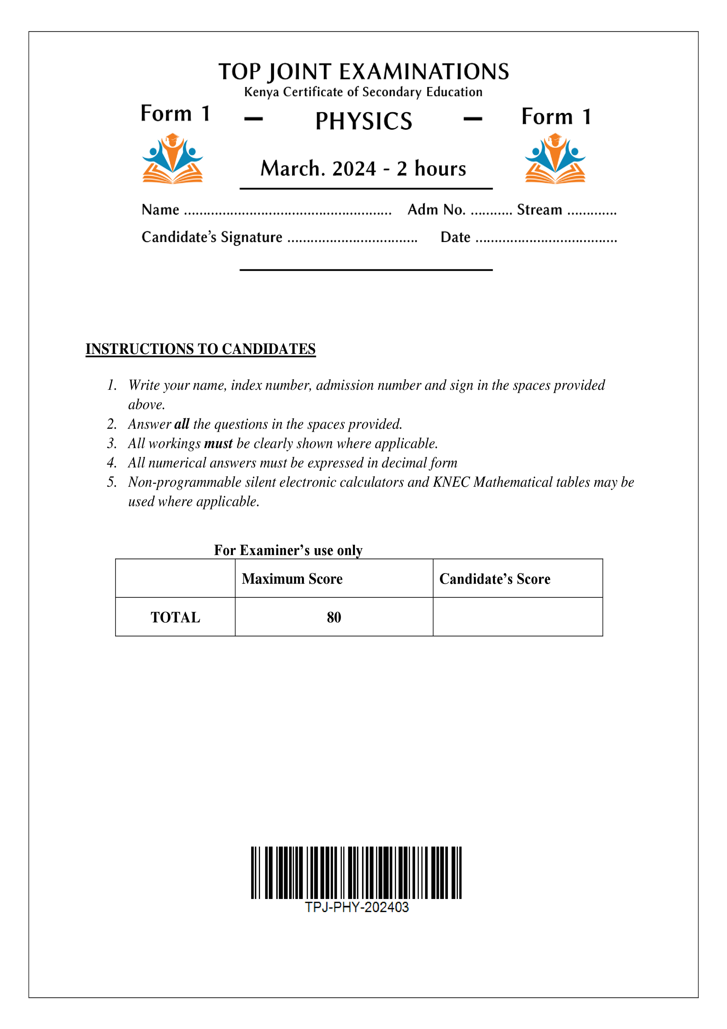 PHYSICS FORM 1 END TERM 1 2024