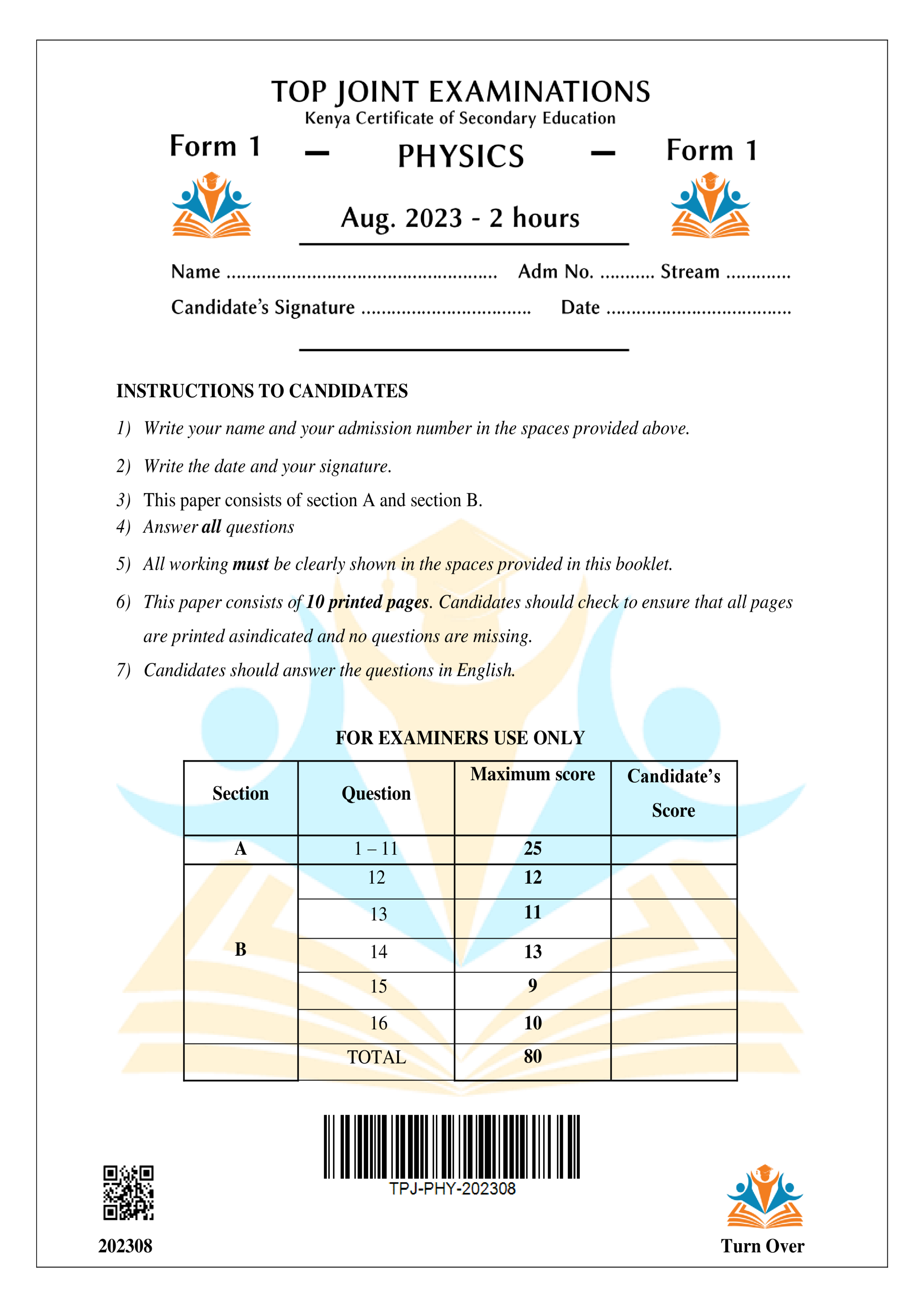 PHYSICS FORM 1 END TERM 2 2023