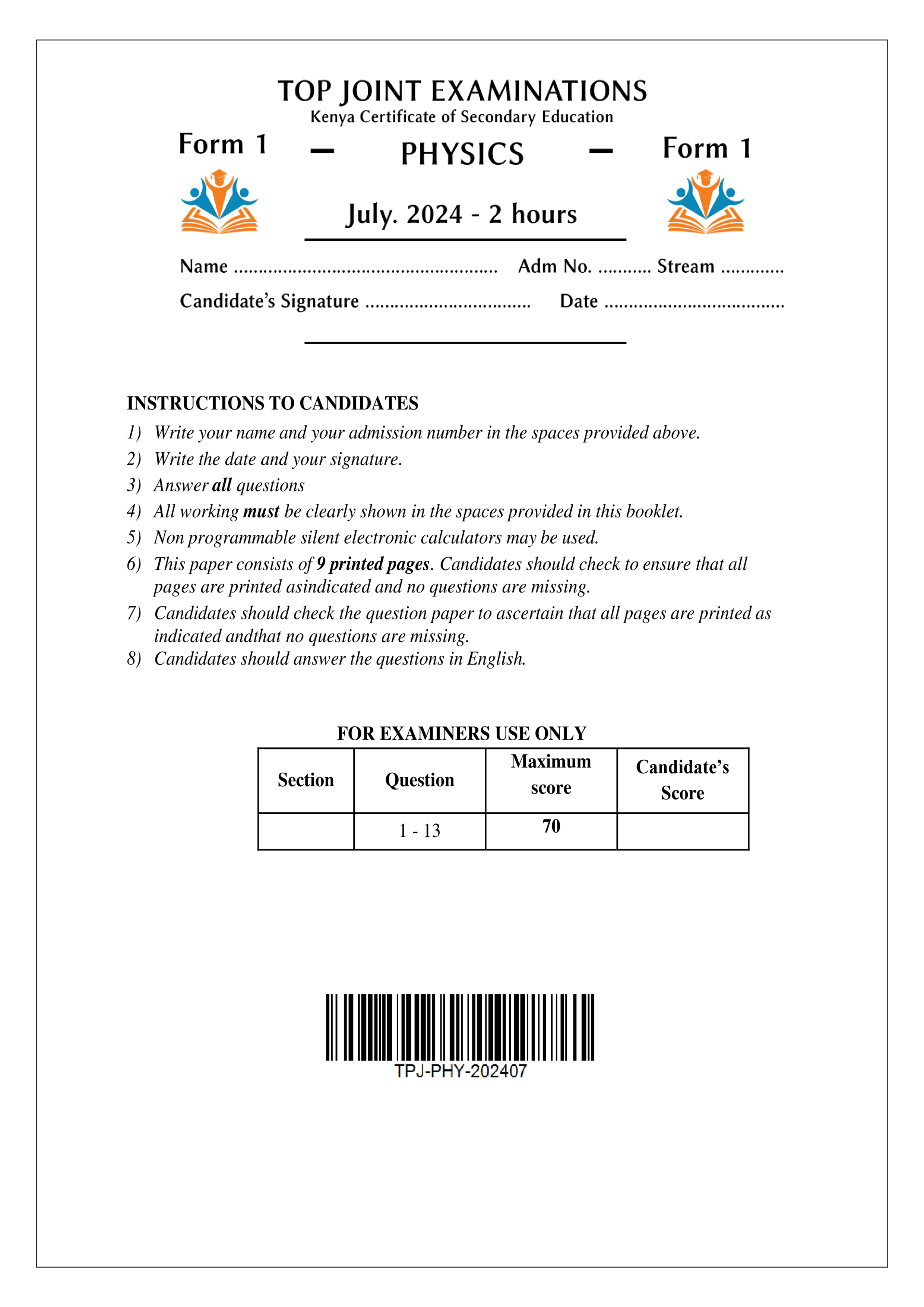 PHYSICS FORM 1 END TERM 2 2024