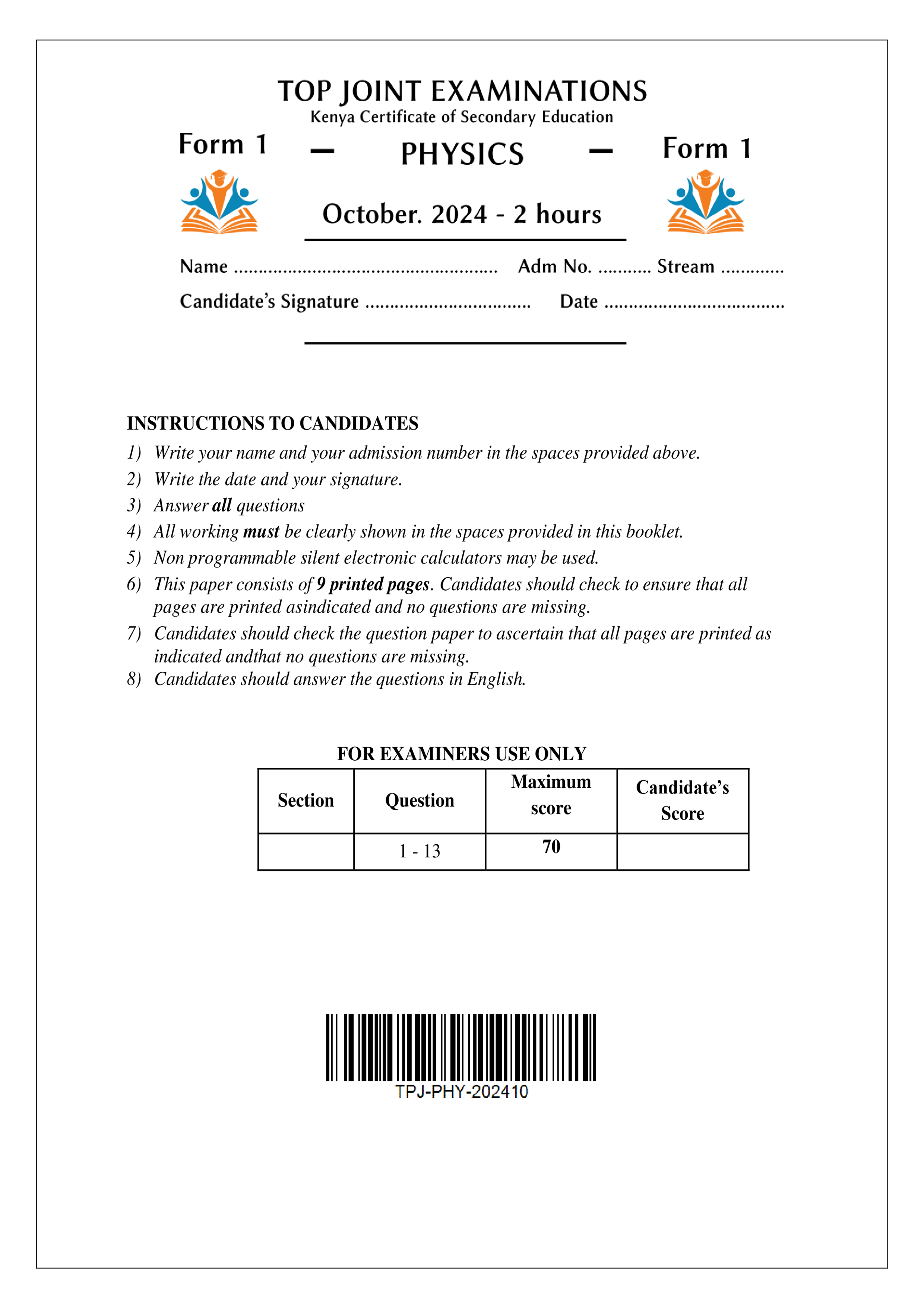 PHYSICS FORM 1 END TERM 3 2024