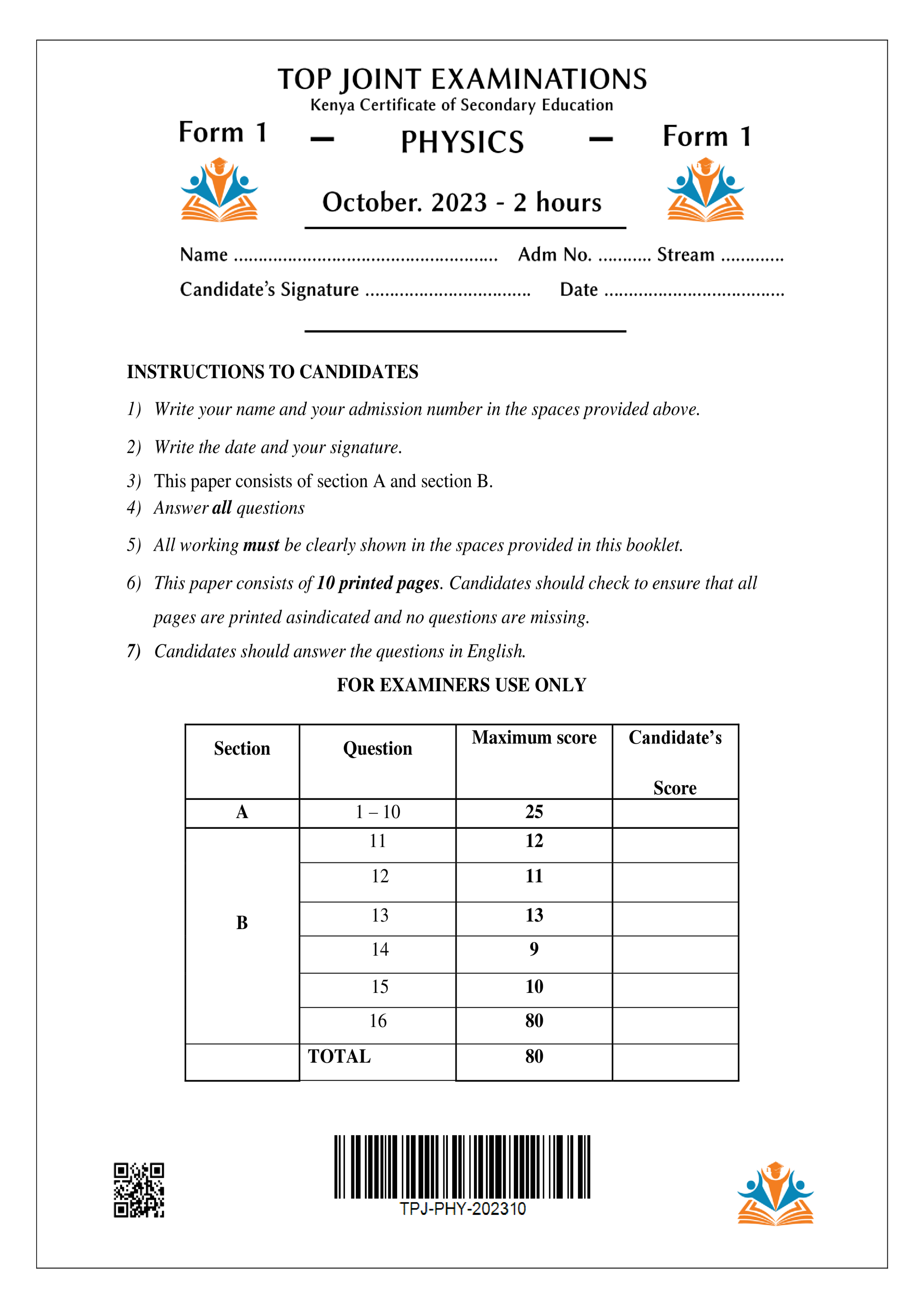 PHYSICS FORM 1 END TERM 3 2023