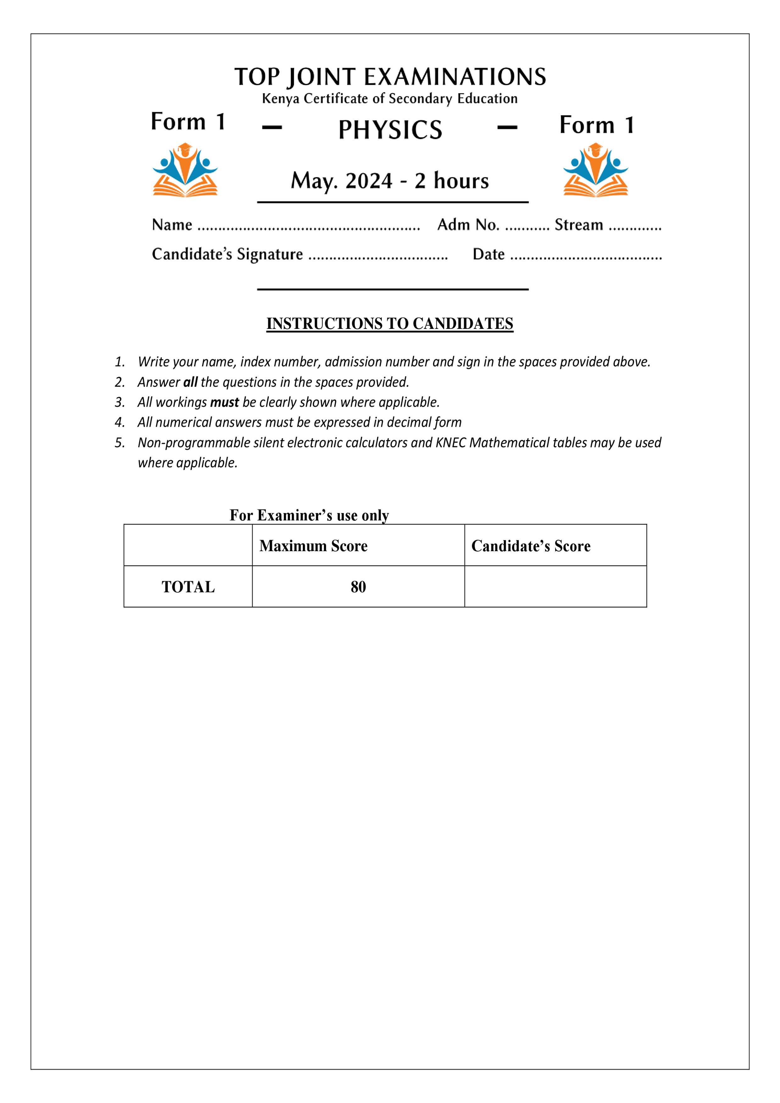 PHYSICS FORM 1 OPENER TERM 2 2024