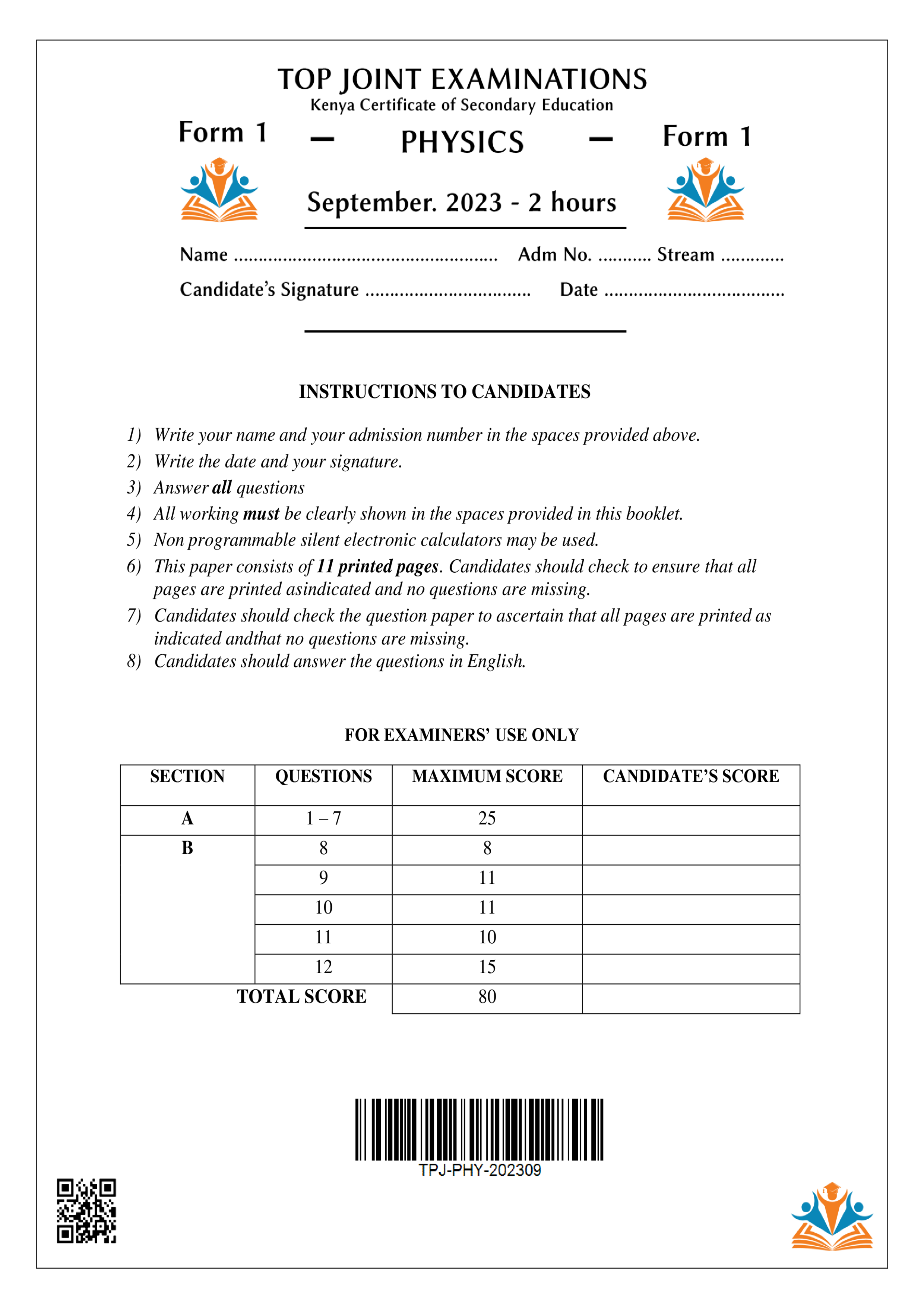 PHYSICS FORM 1 OPENER TERM 3 2023