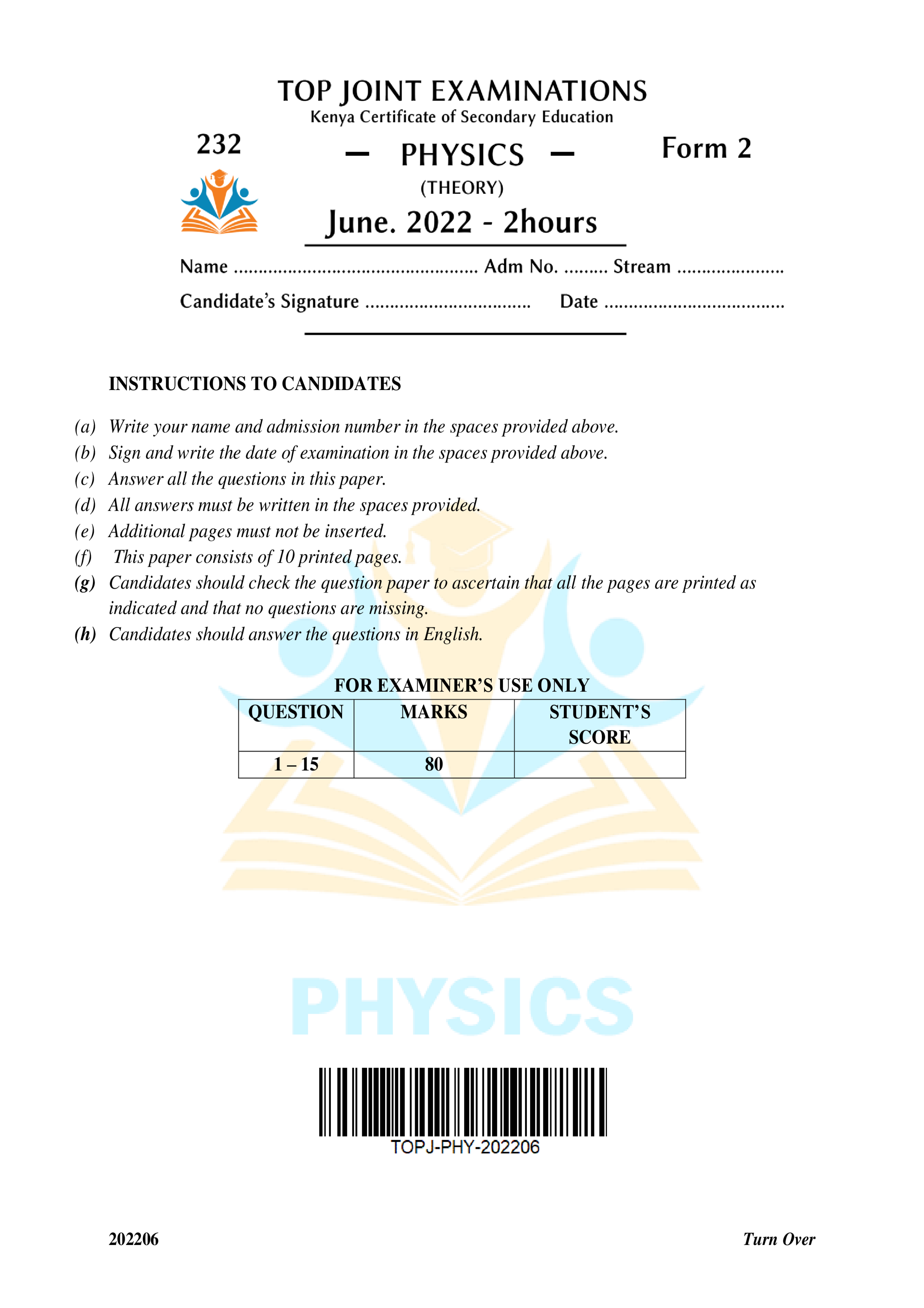 PHYSICS FORM 2 END TERM 1 2023