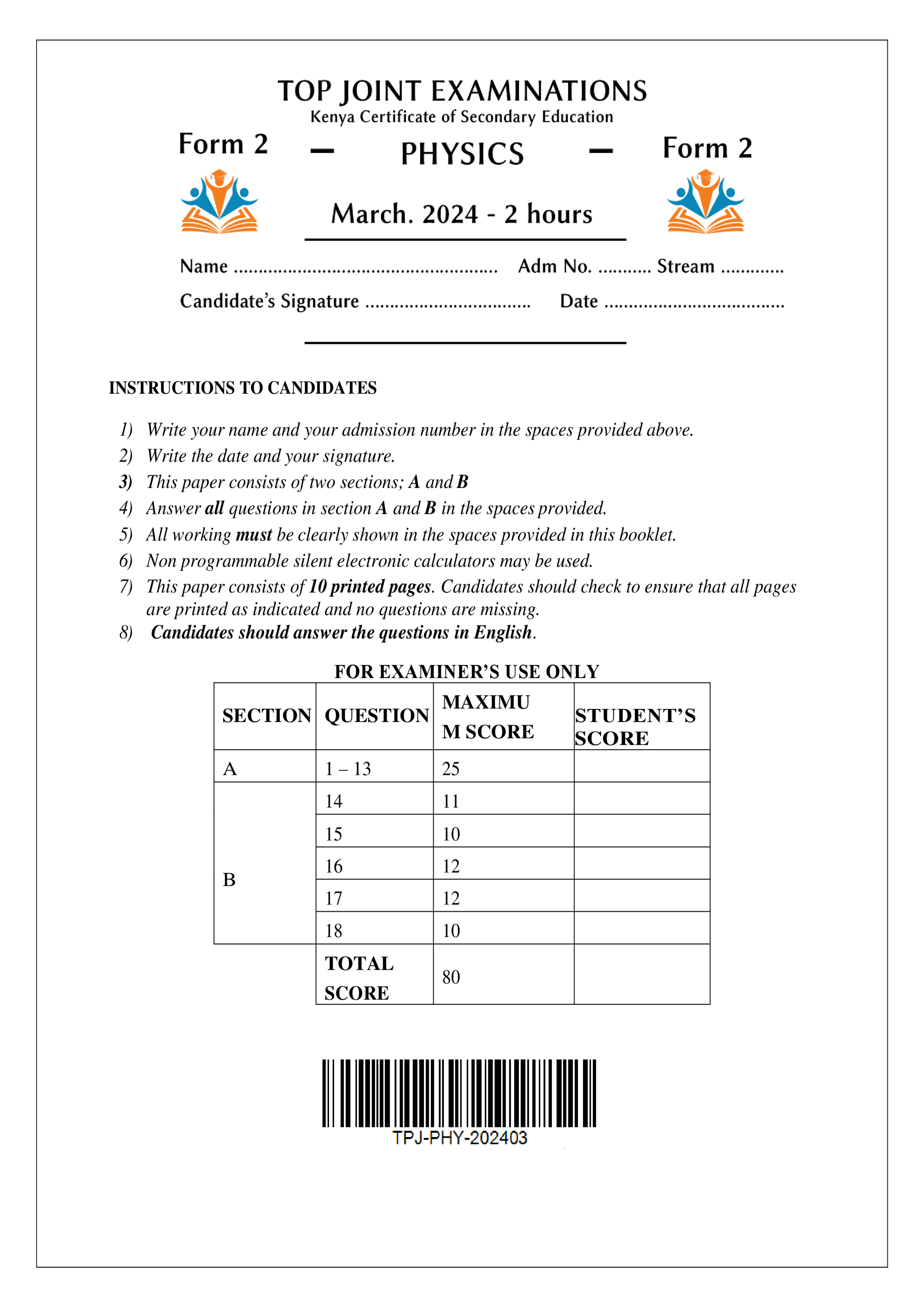 PHYSICS FORM 2 END TERM 1 2024