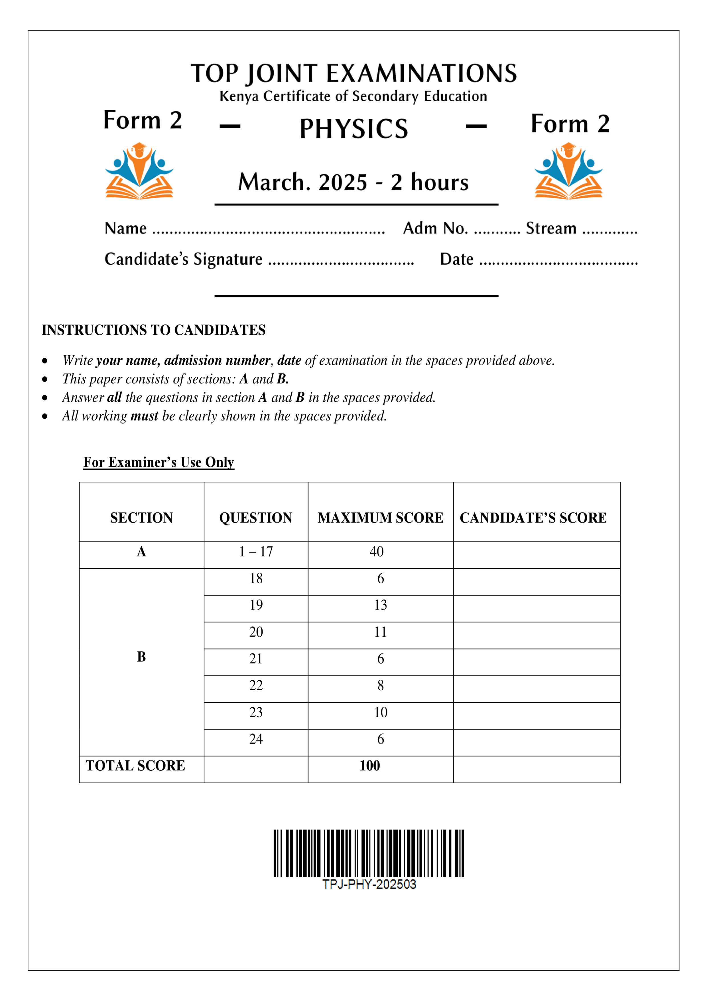 PHYSICS FORM 2 END TERM 1 2025