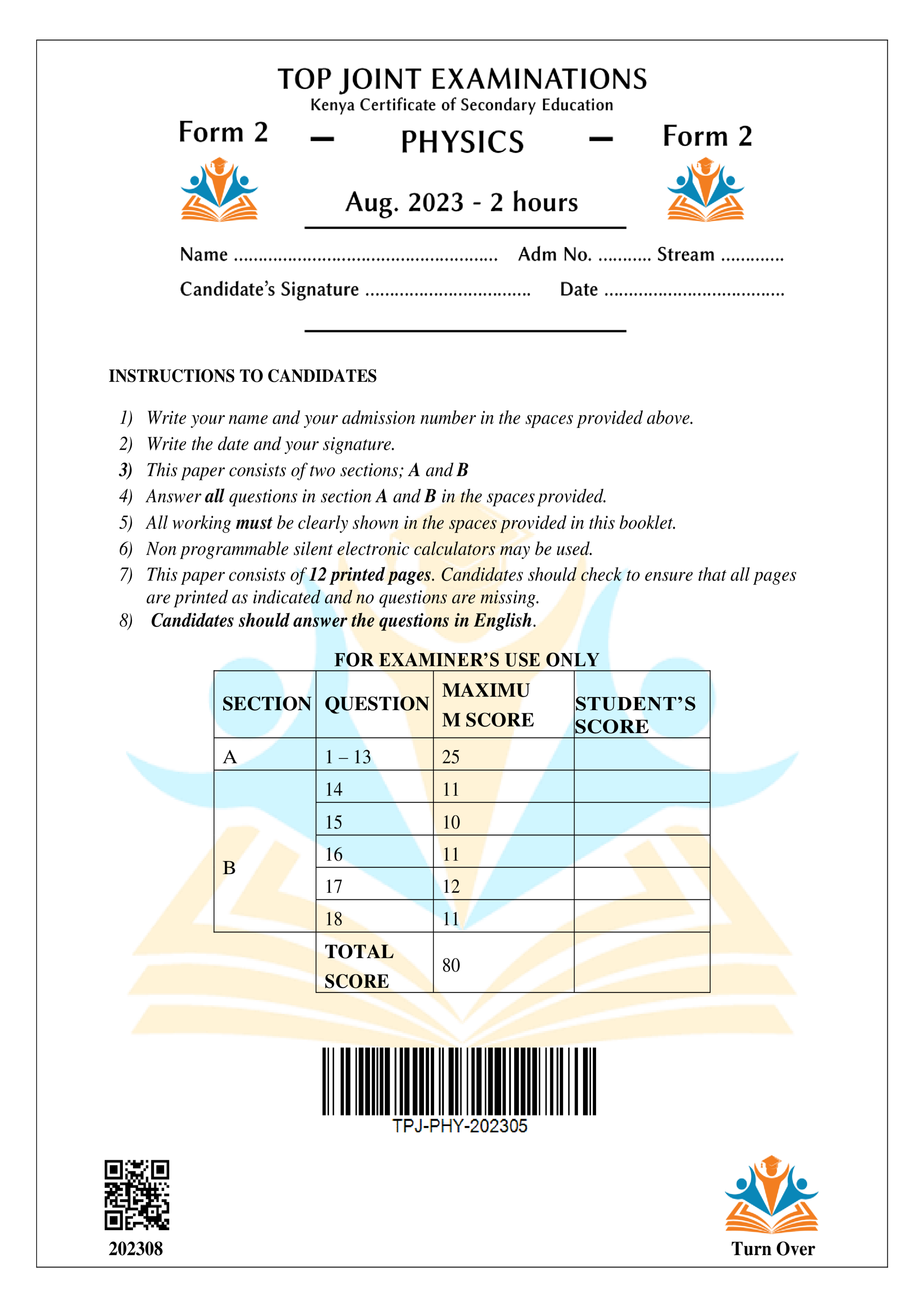PHYSICS FORM 2 END TERM 2 2023