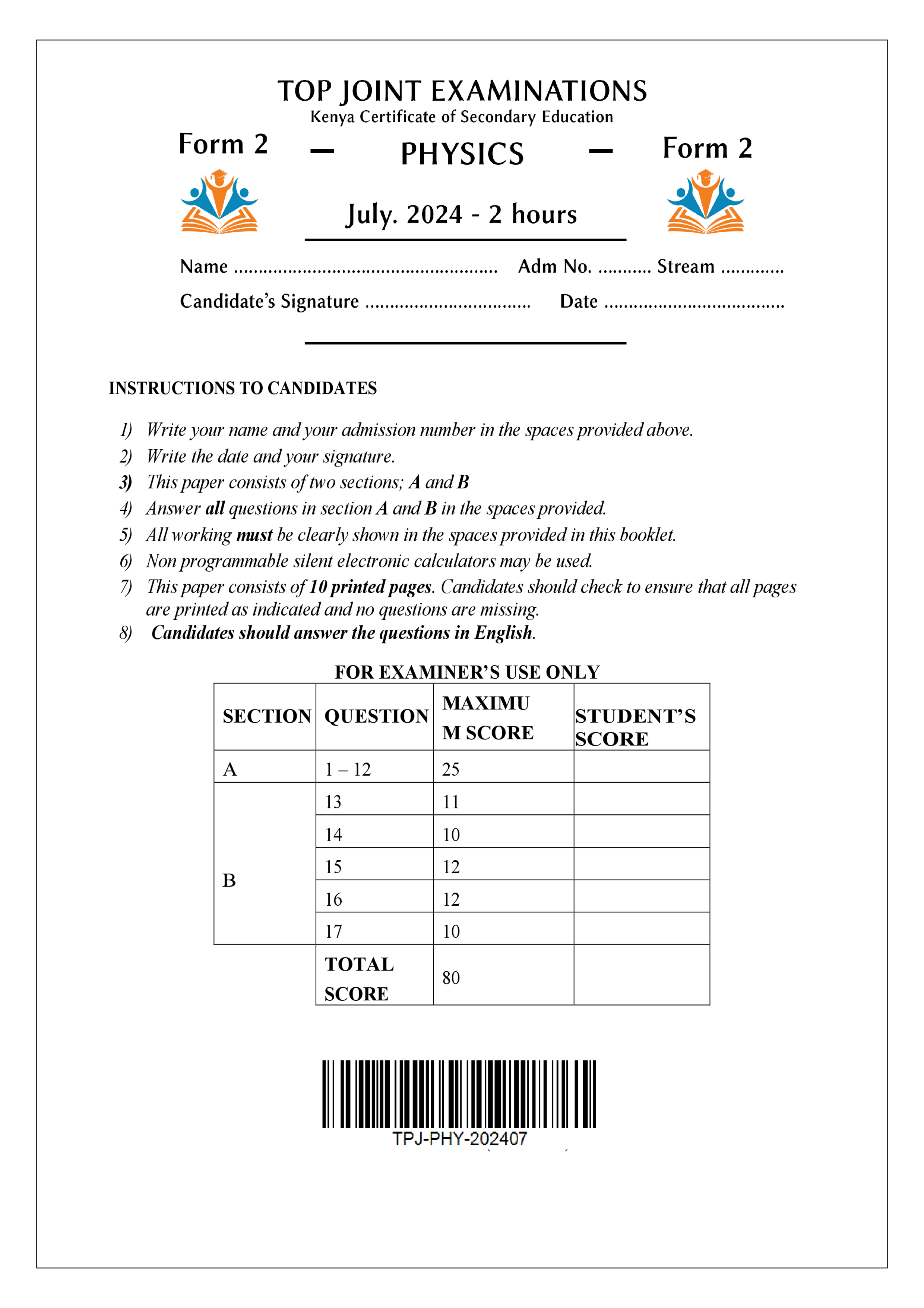 PHYSICS FORM 2 END TERM 2 2024