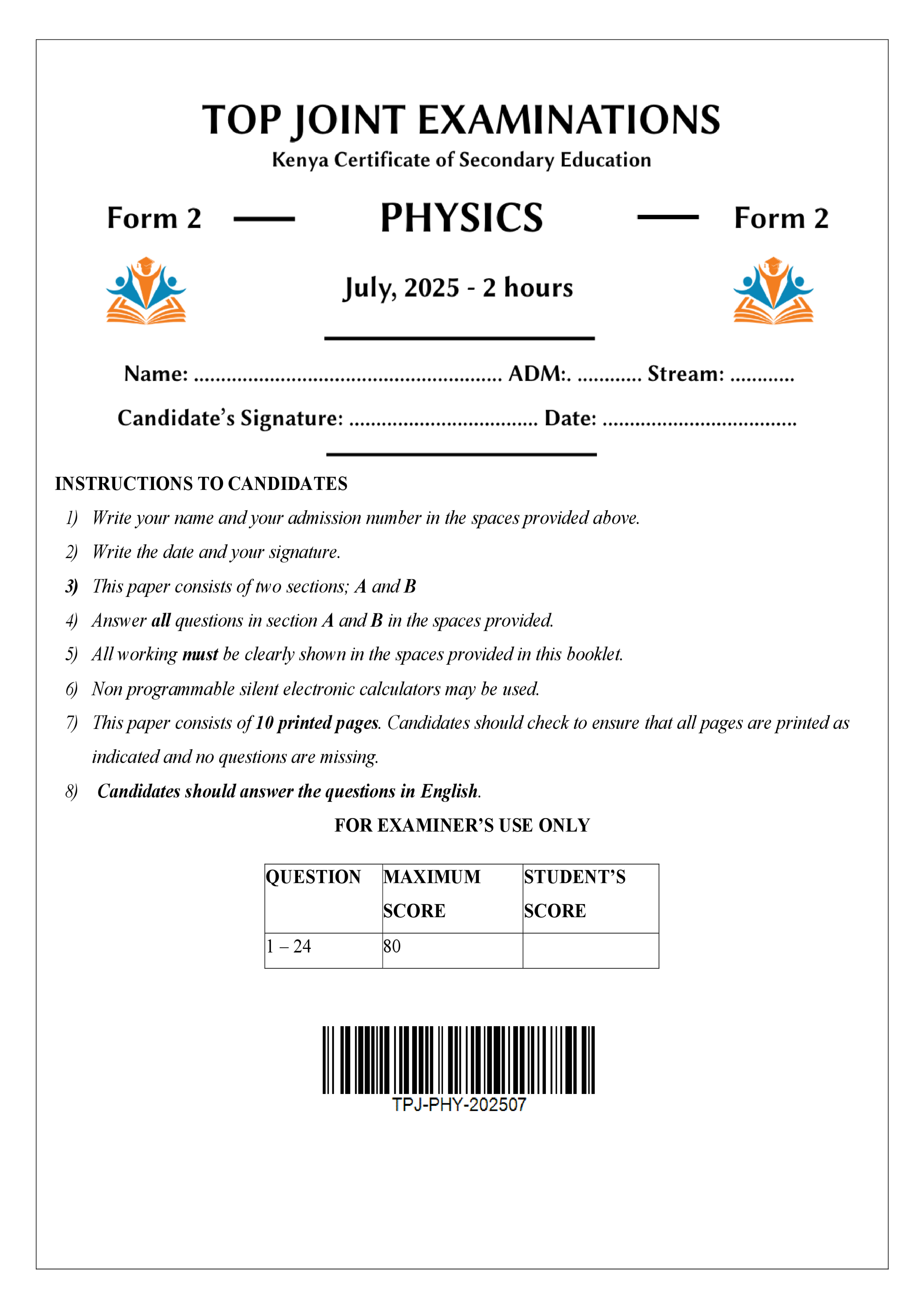 PHYSICS FORM 2 END TERM 2 2025