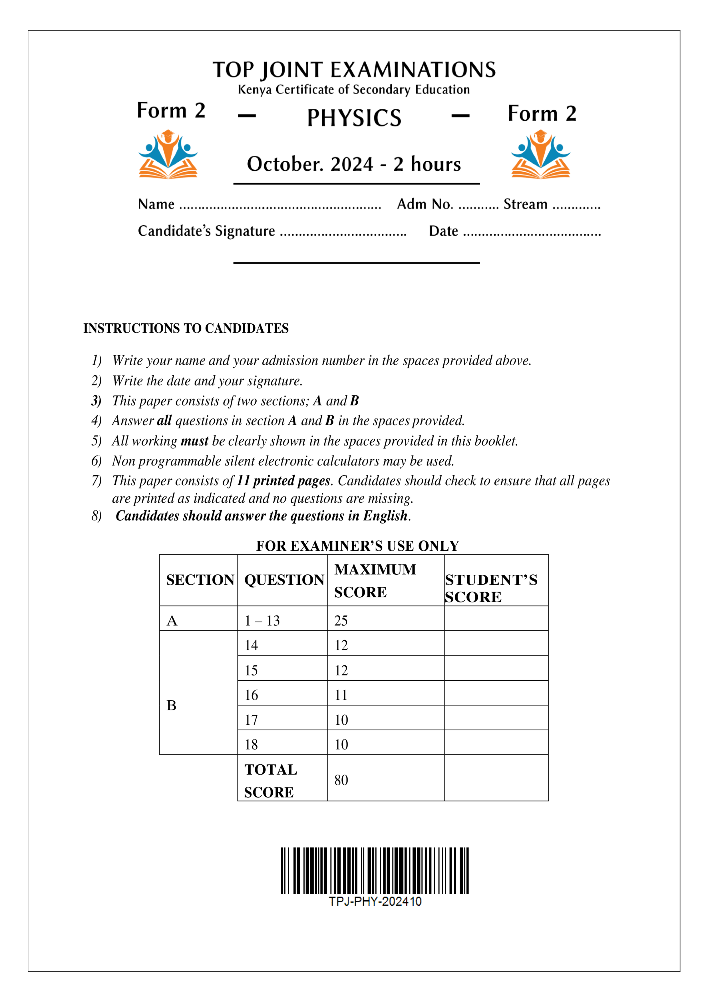 PHYSICS FORM 2 END TERM 3 2024
