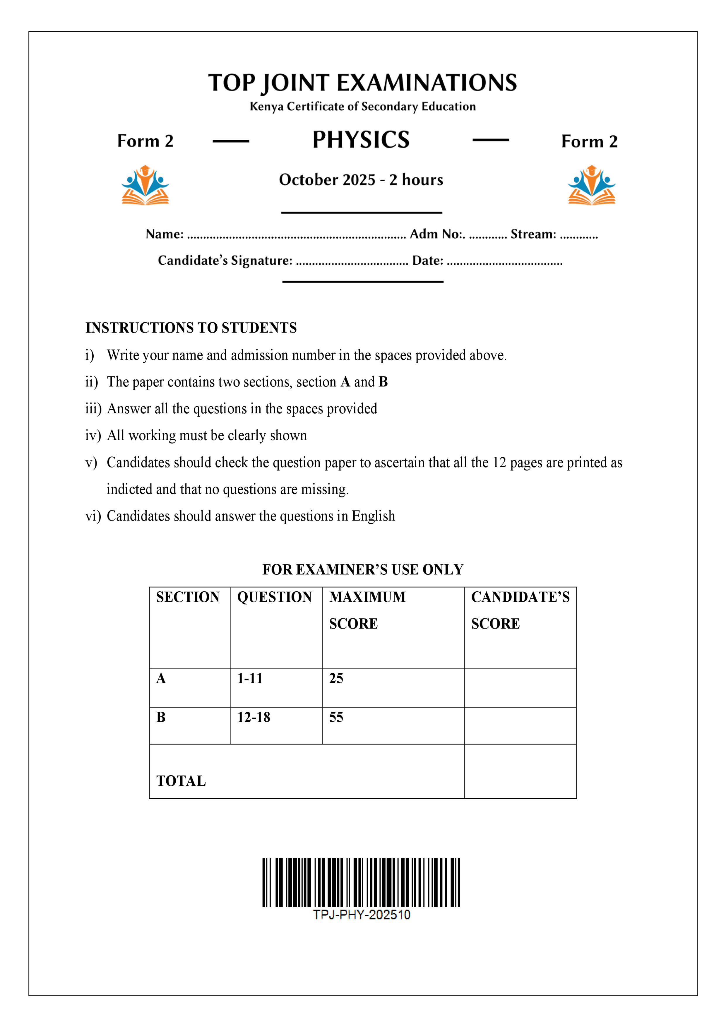 PHYSICS FORM 2 END TERM 3 2025