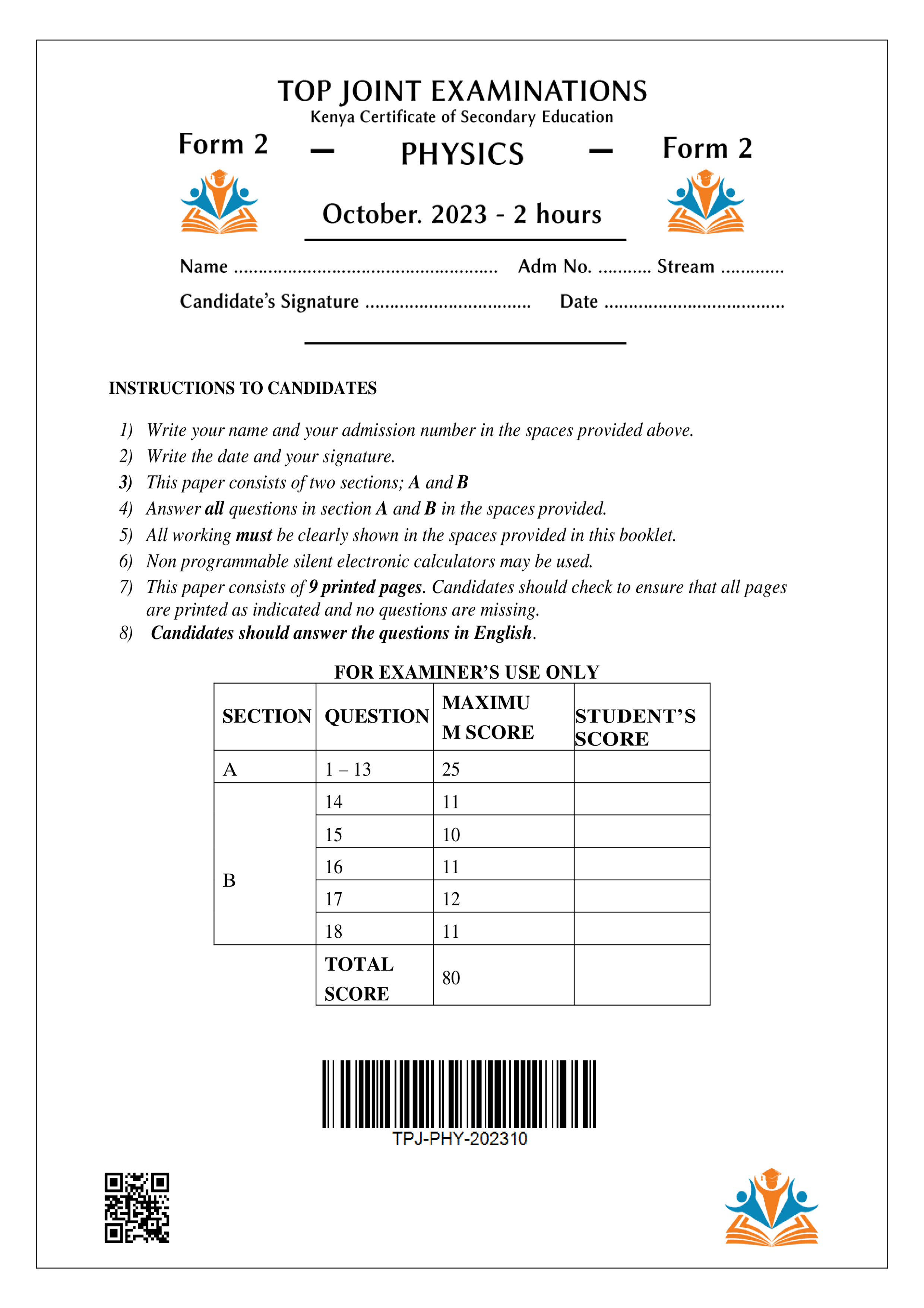 PHYSICS FORM 2 END TERM 3 2023