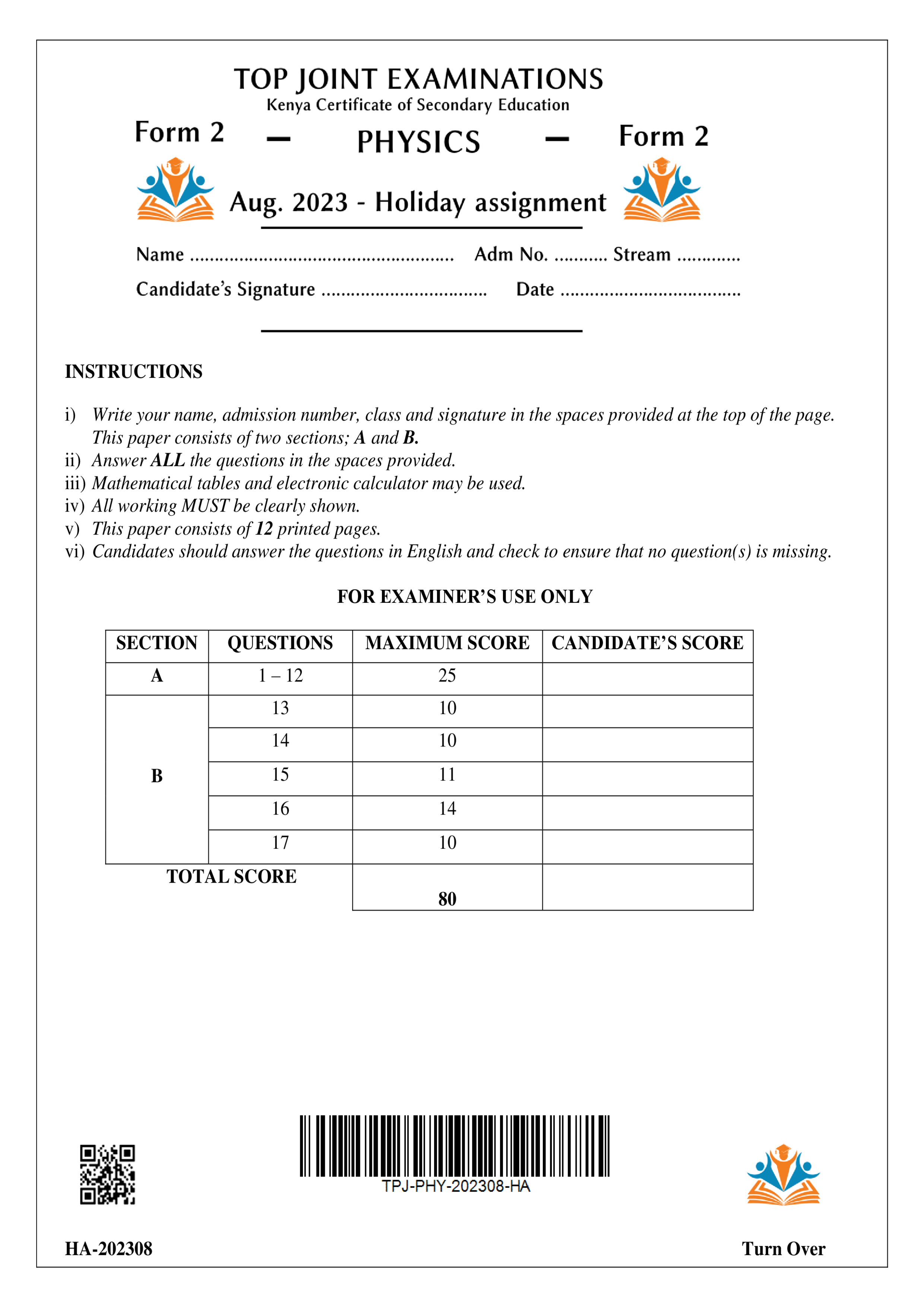 PHYSICS FORM 2 AUGUST 2023 HOLIDAY ASSIGNMENT