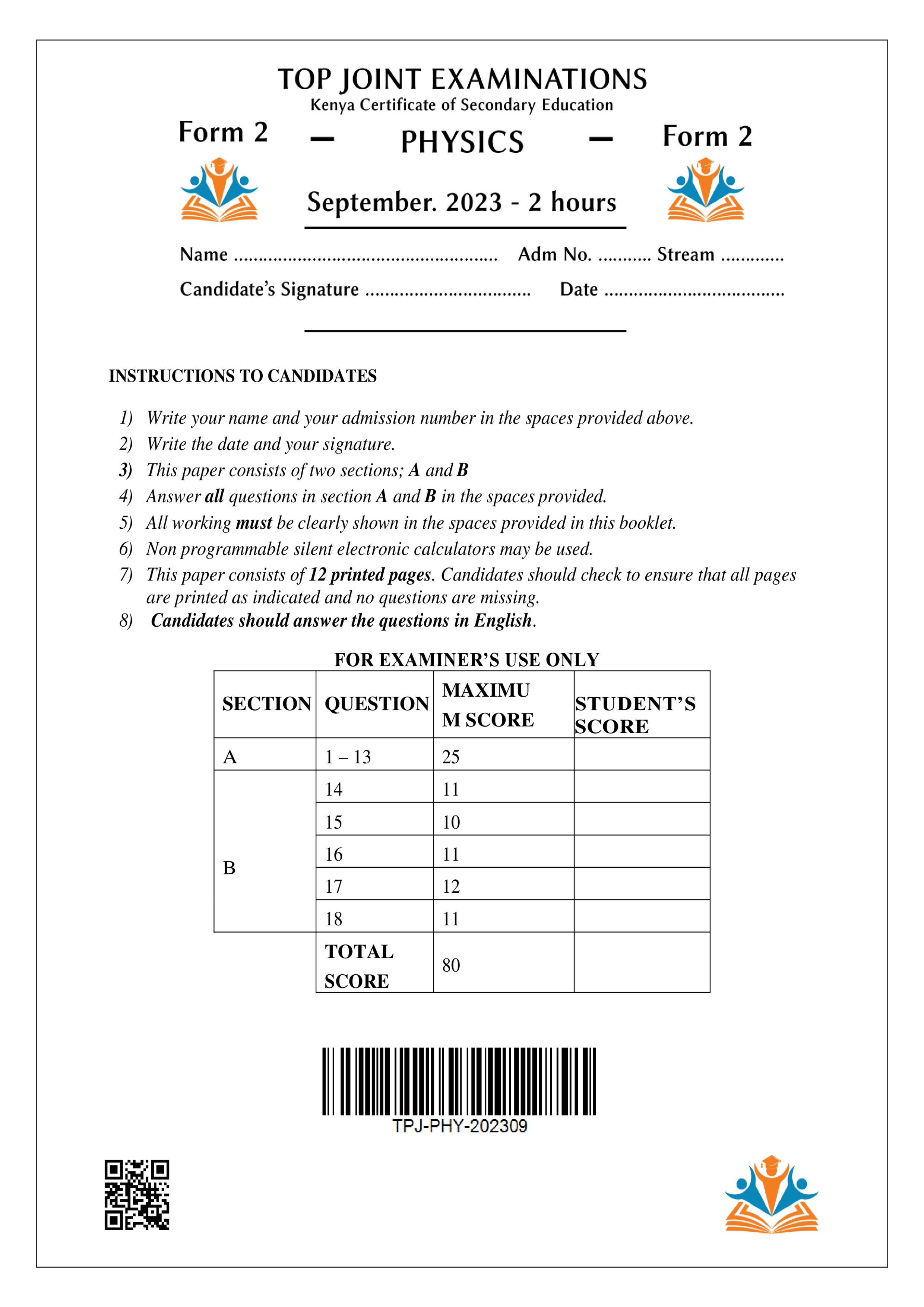 PHYSICS FORM 2 OPENER TERM 3 2023
