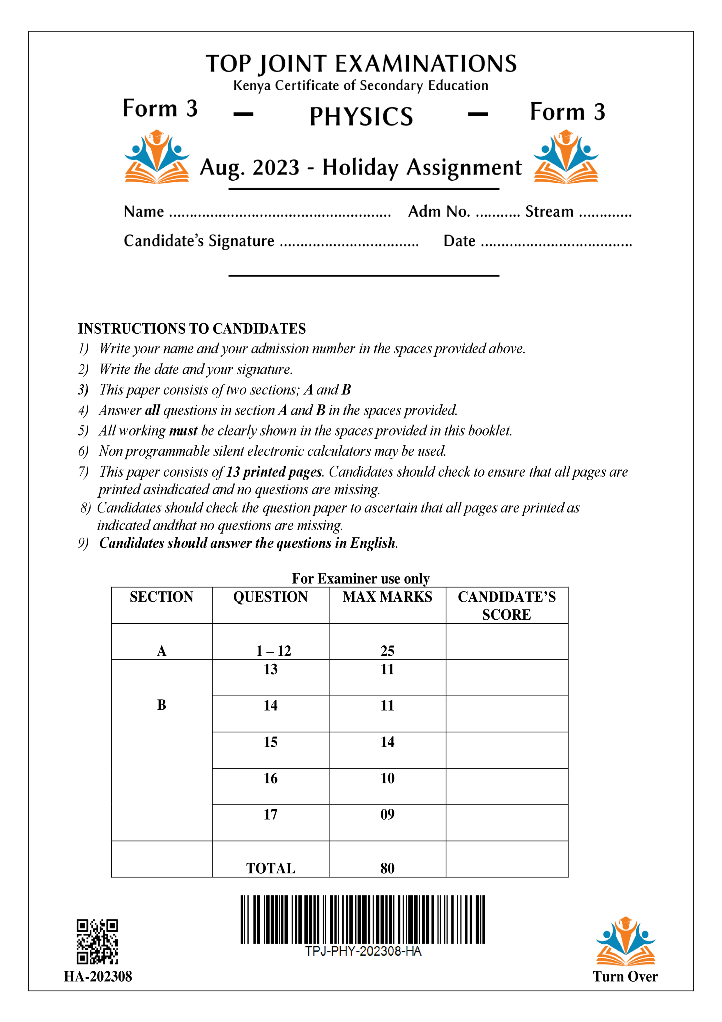 PHYSICS FORM 3 AUGUST 2023 HOLIDAY ASSIGNMENT
