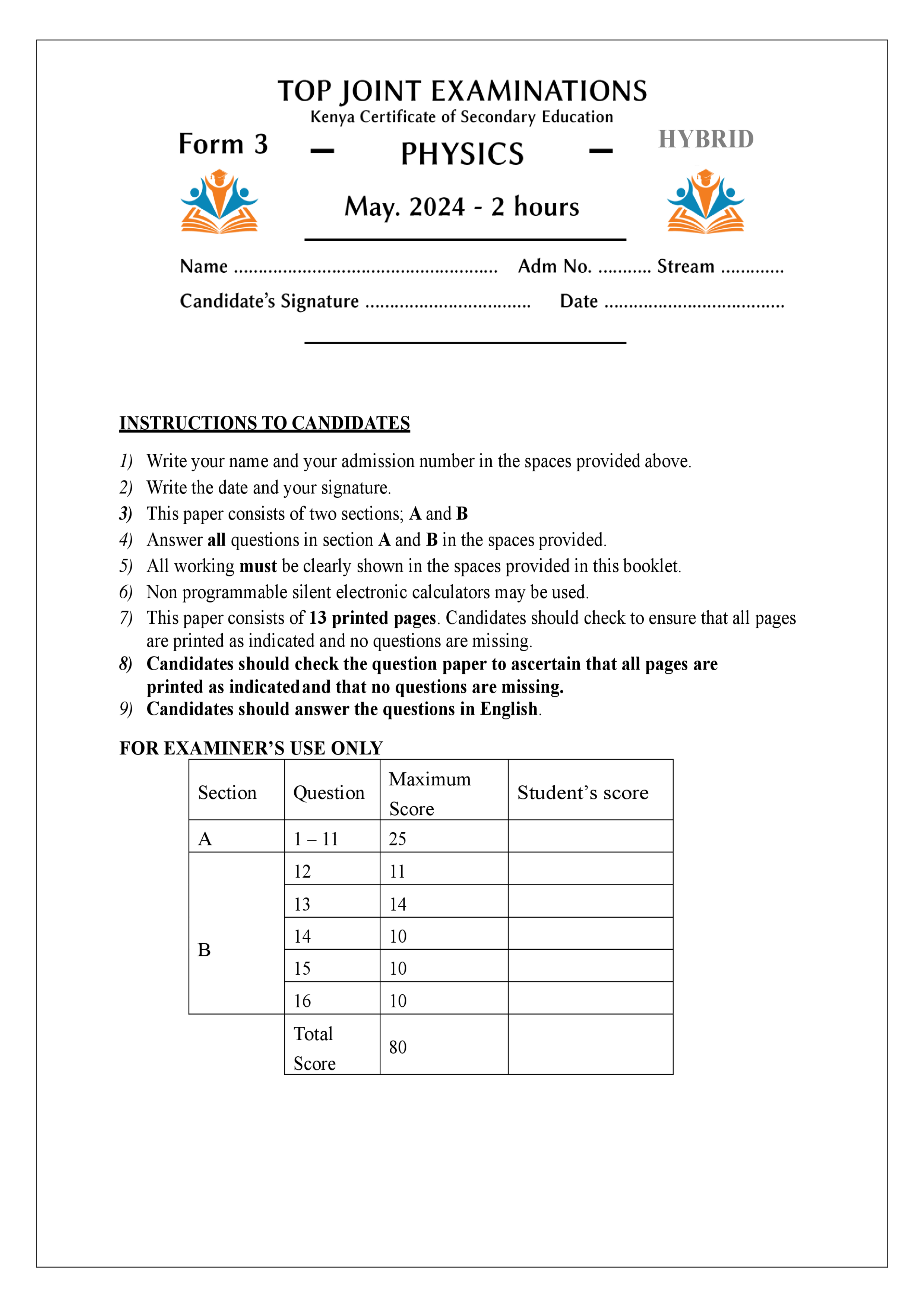 PHYSICS FORM 3 HYBRID PAPER OPENER TERM 2 2024
