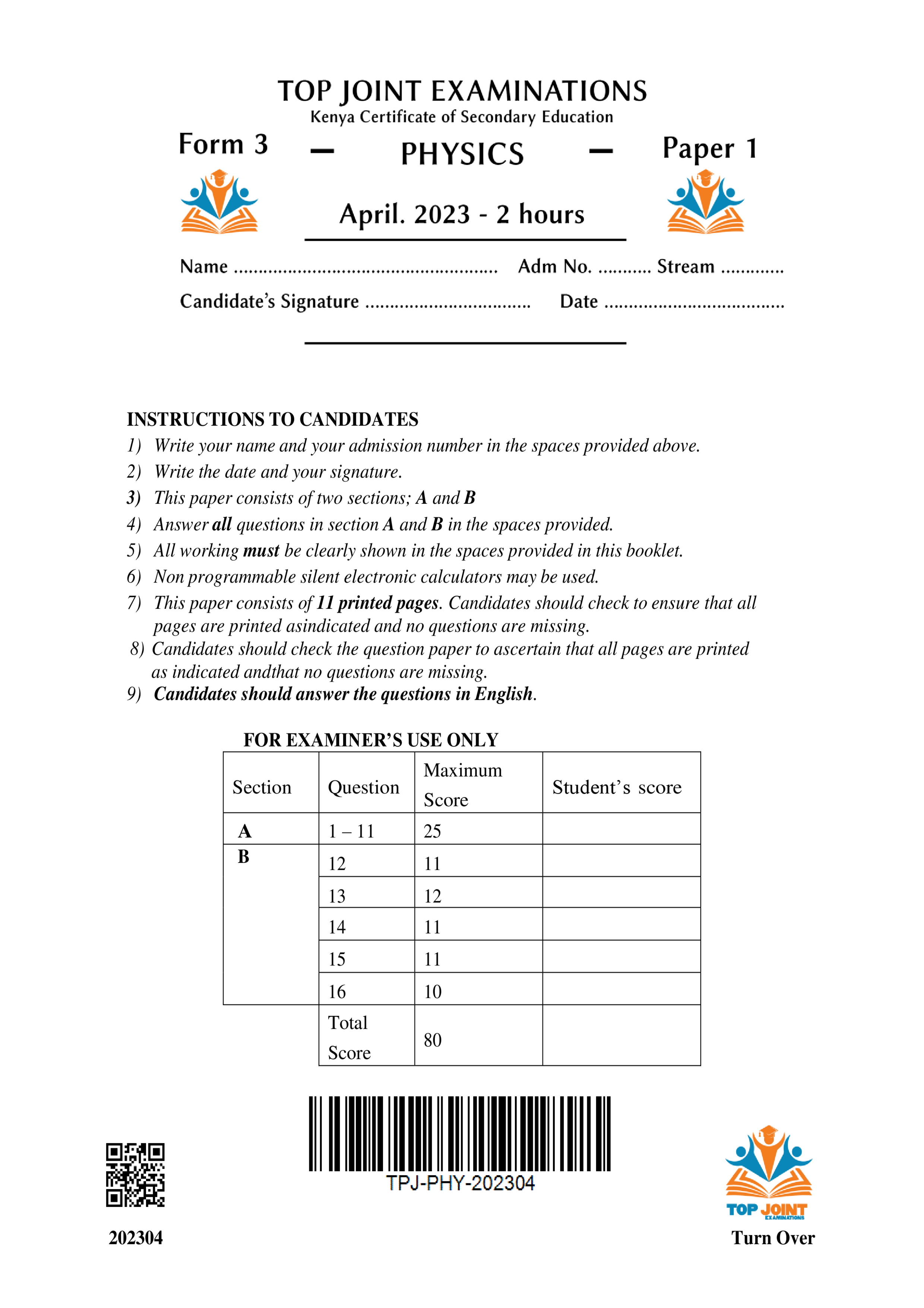 PHYSICS FORM 3 PAPER 1 END TERM 1 2023