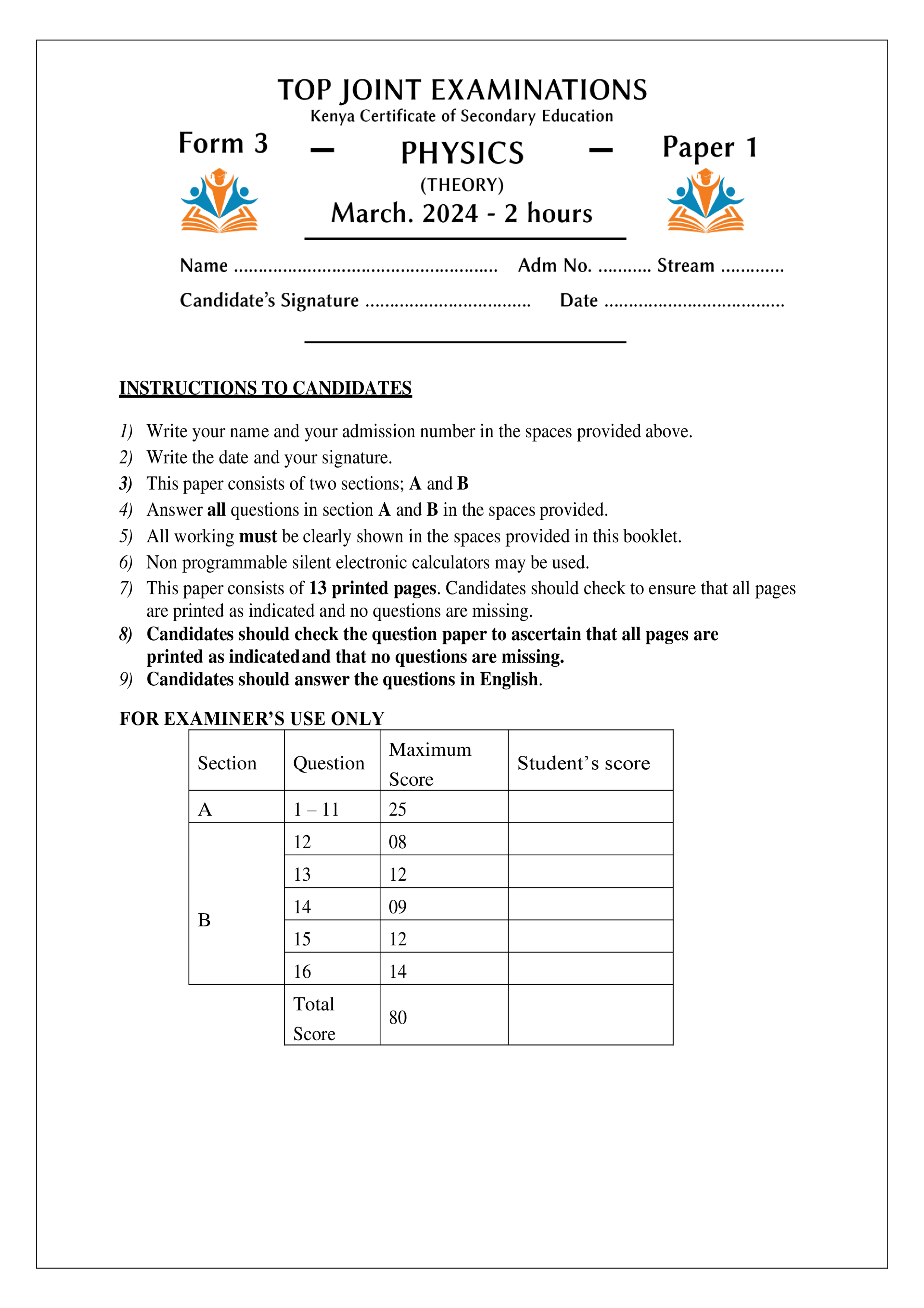 PHYSICS FORM 3 PAPER 1 END TERM 1 2024