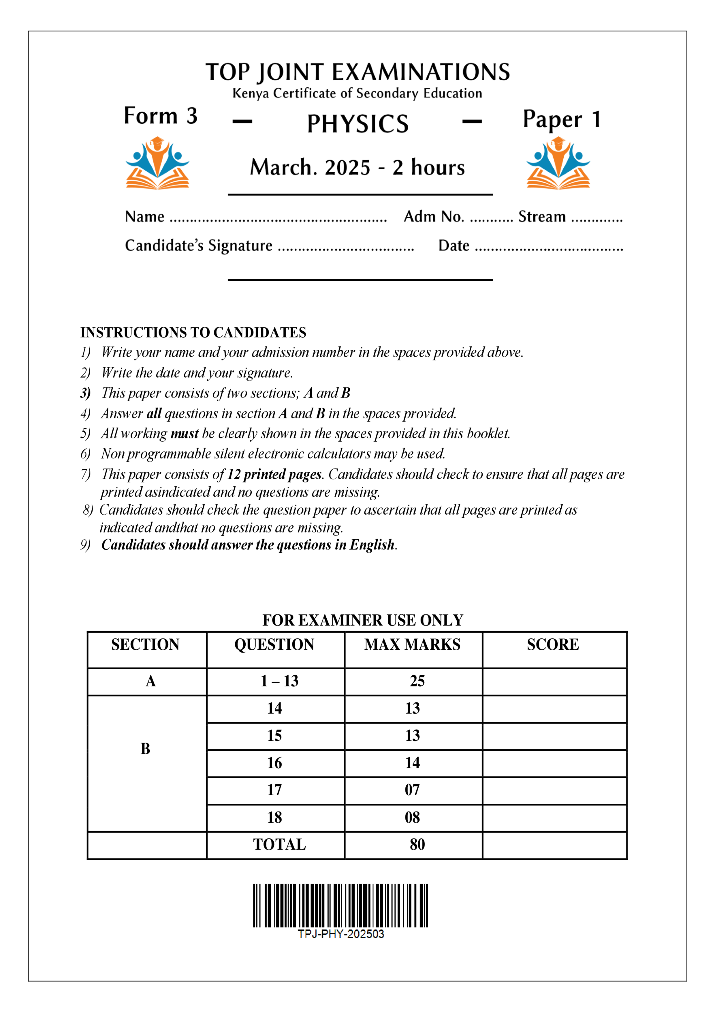 PHYSICS FORM 3 PAPER 1 END TERM 1 2025