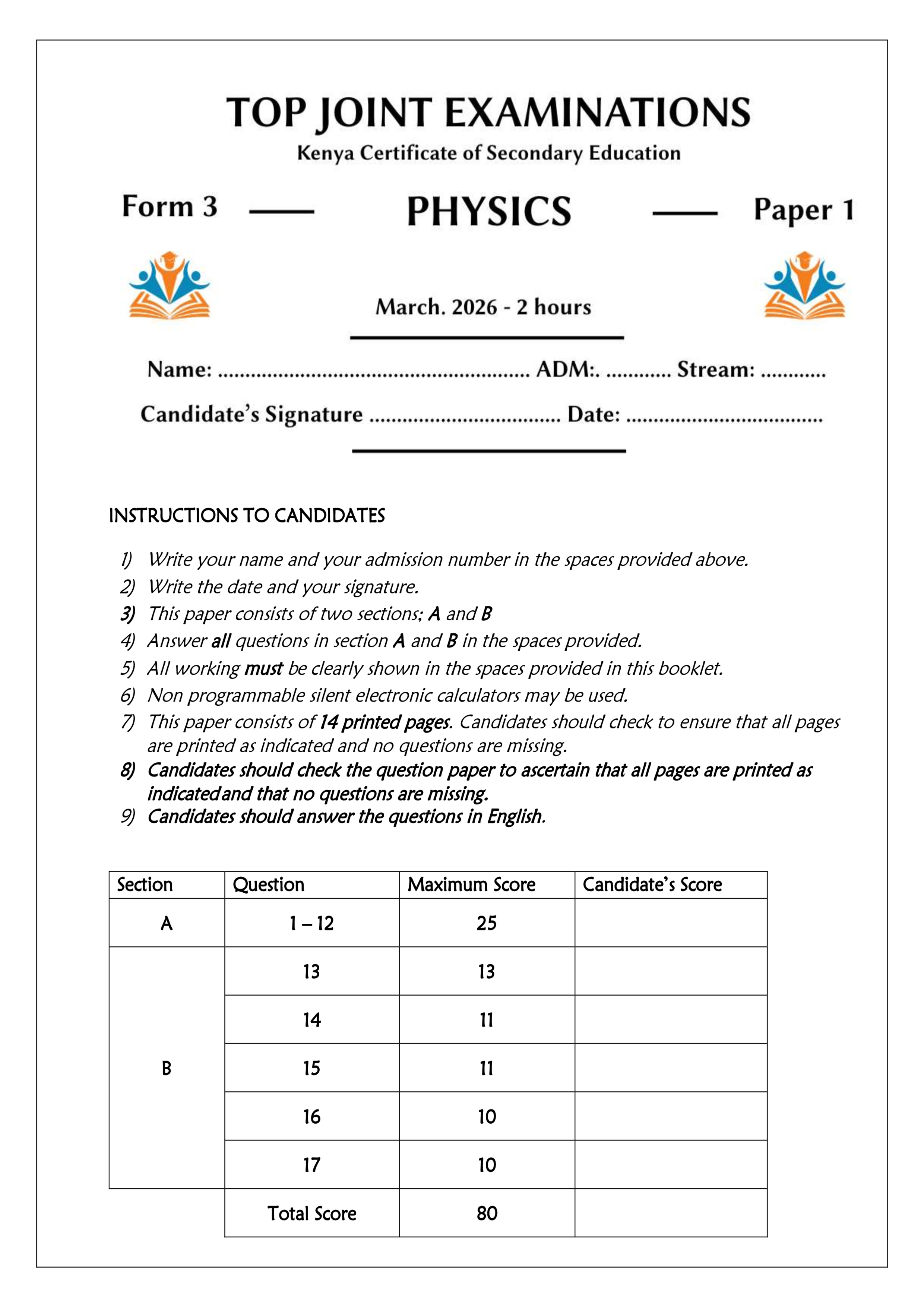 PHYSICS FORM 3 PAPER 1 END TERM 1 2026