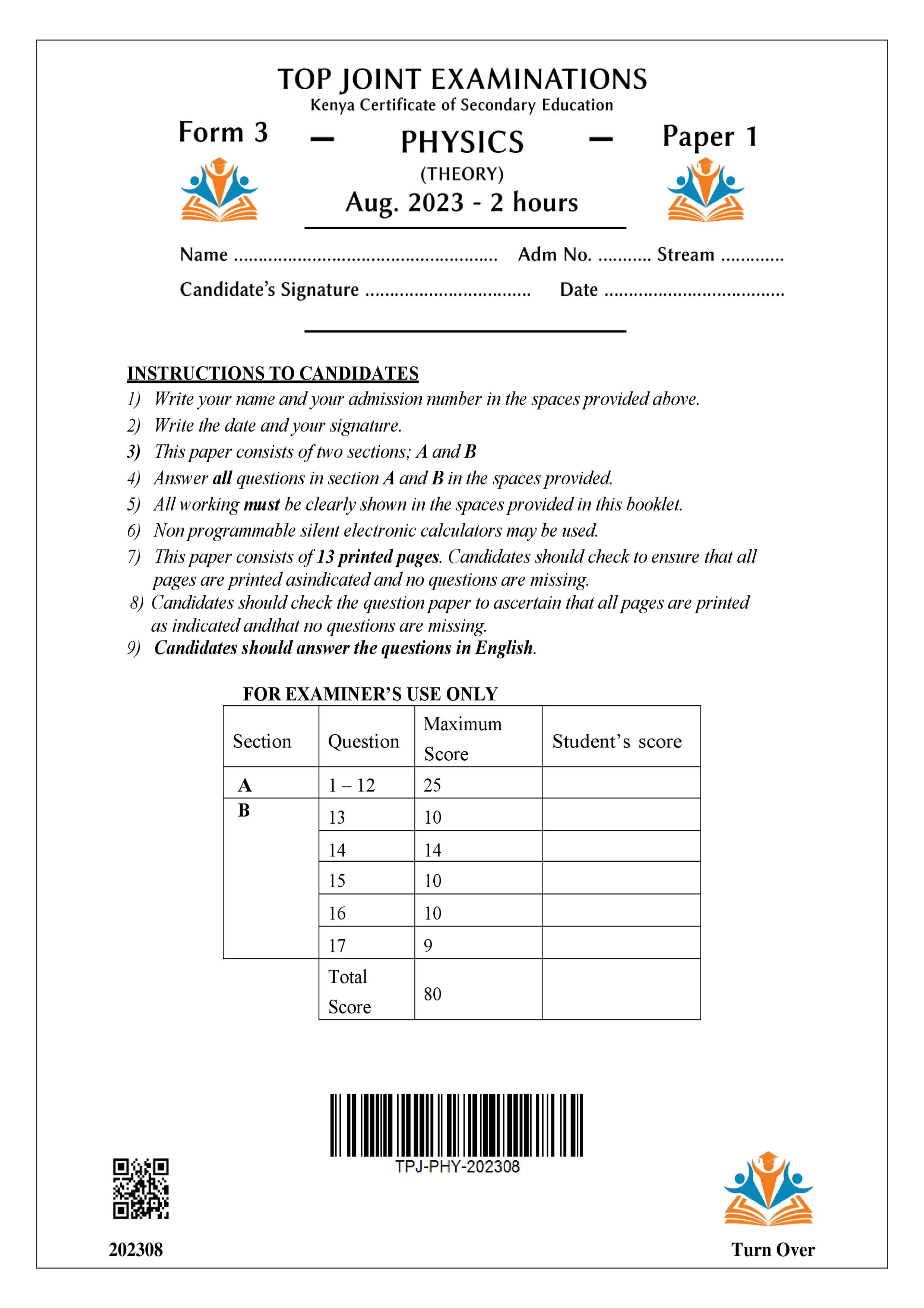 PHYSICS FORM 3 PAPER 1 END TERM 2 2023