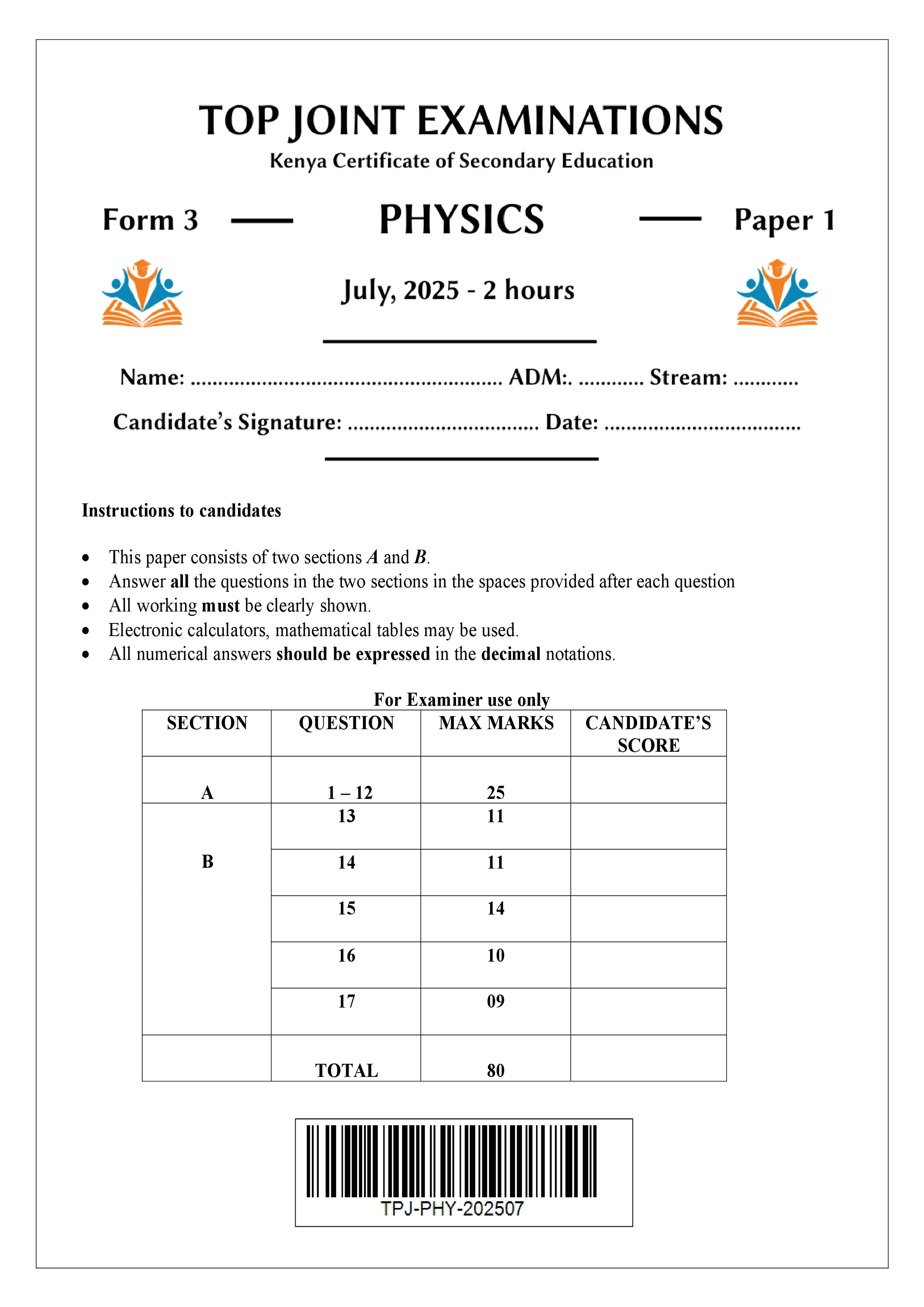 PHYSICS FORM 3 PAPER 1 END TERM 2 2025