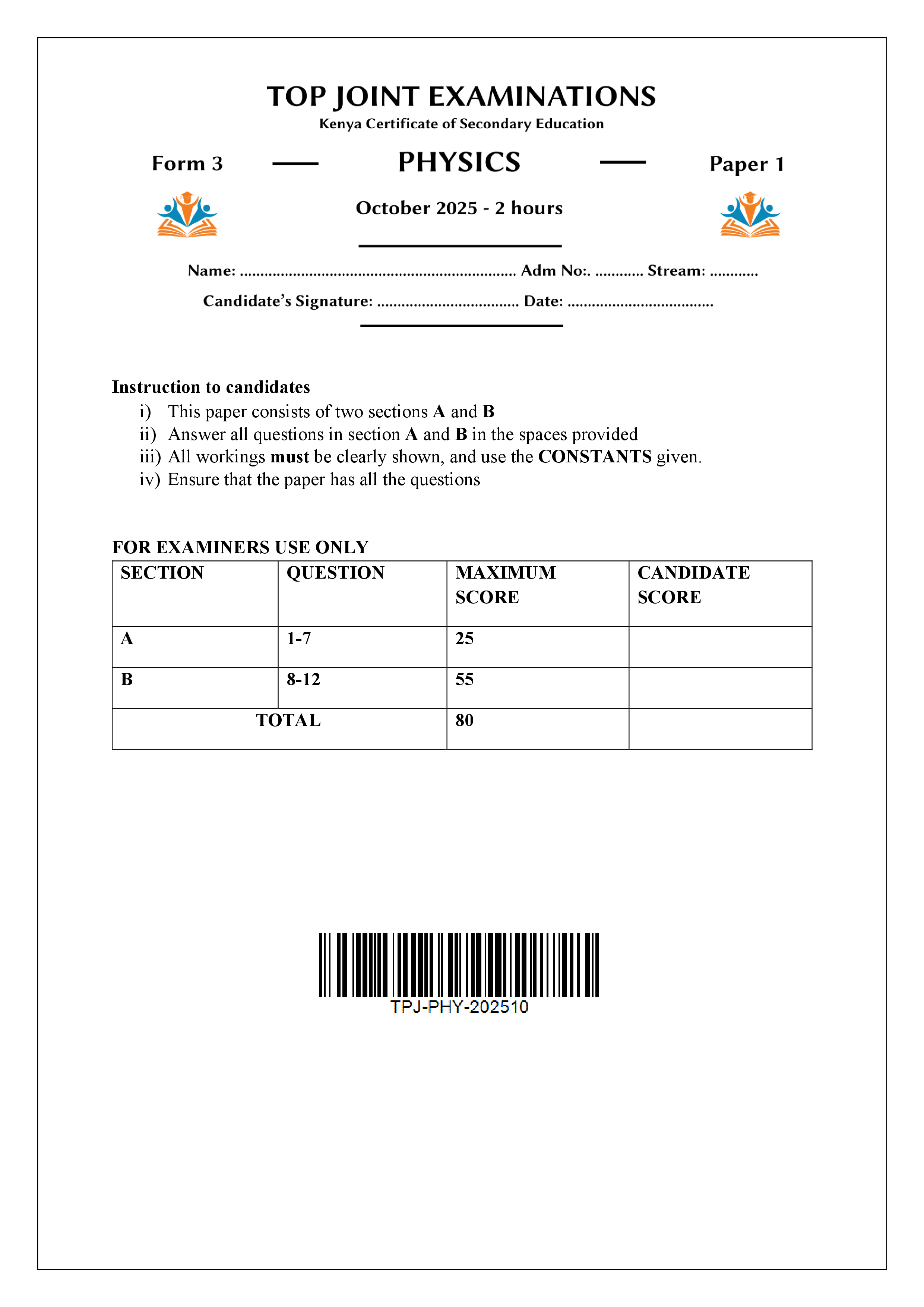 PHYSICS FORM 3 PAPER 1 END TERM 3 2025