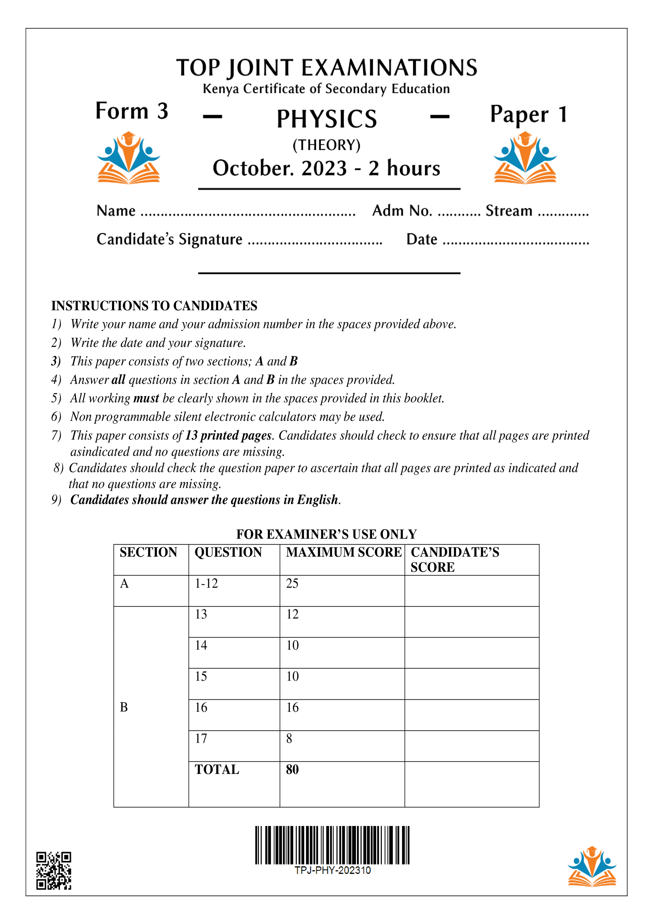 PHYSICS FORM 3 PAPER 1 END TERM 3 2023
