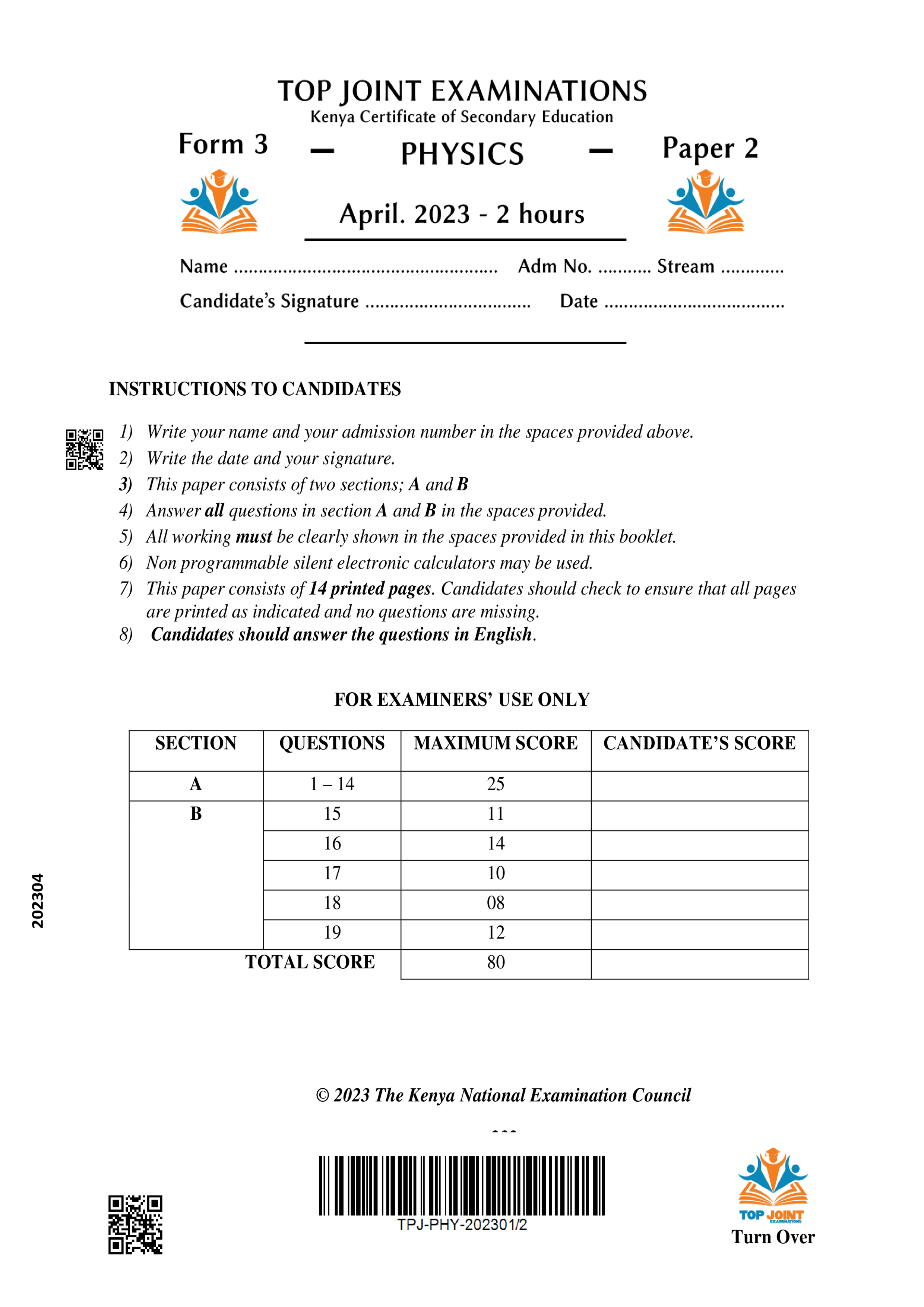 PHYSICS FORM 3 PAPER 2 END TERM 1 2023