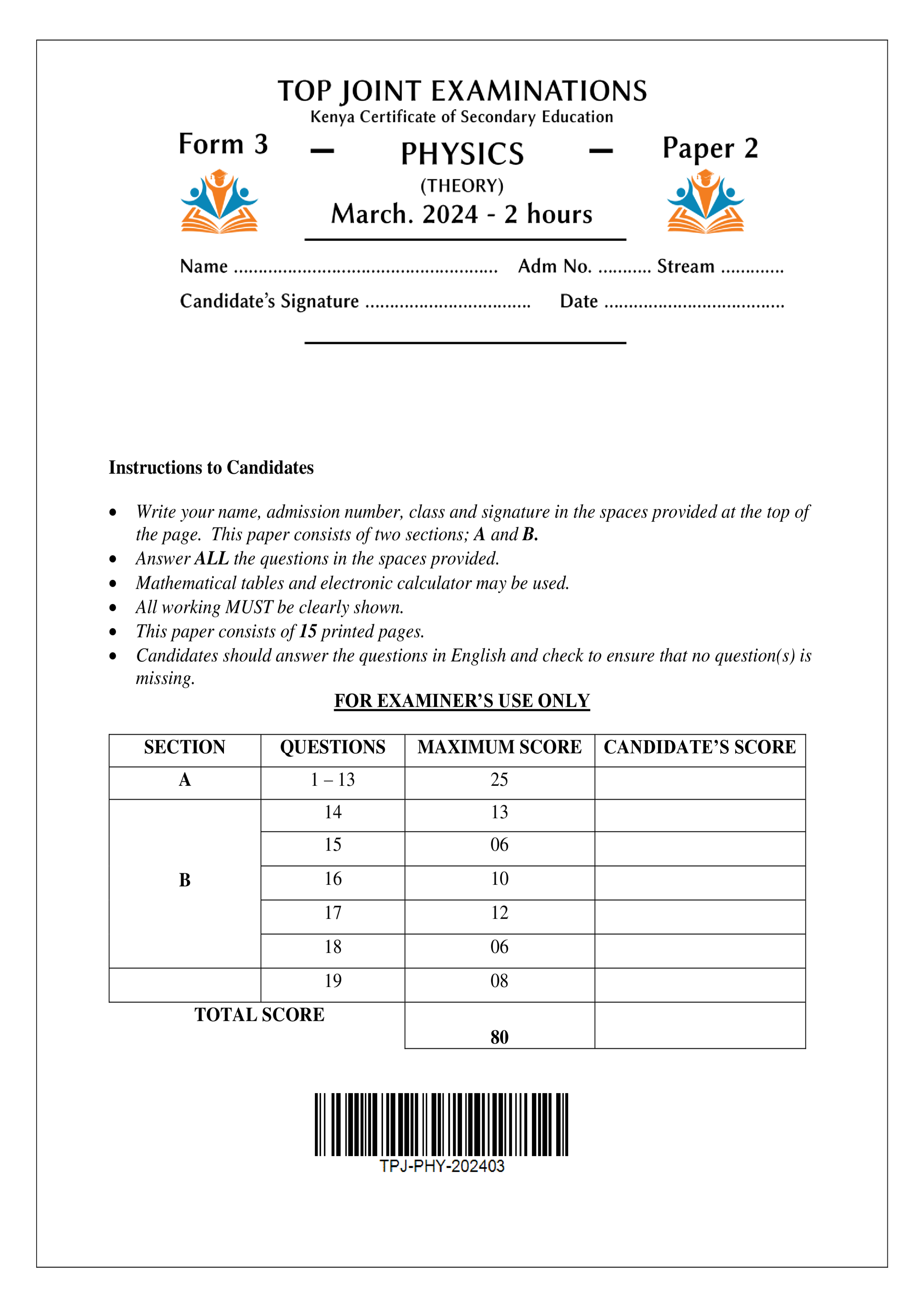 PHYSICS FORM 3 PAPER 2 END TERM 1 2024