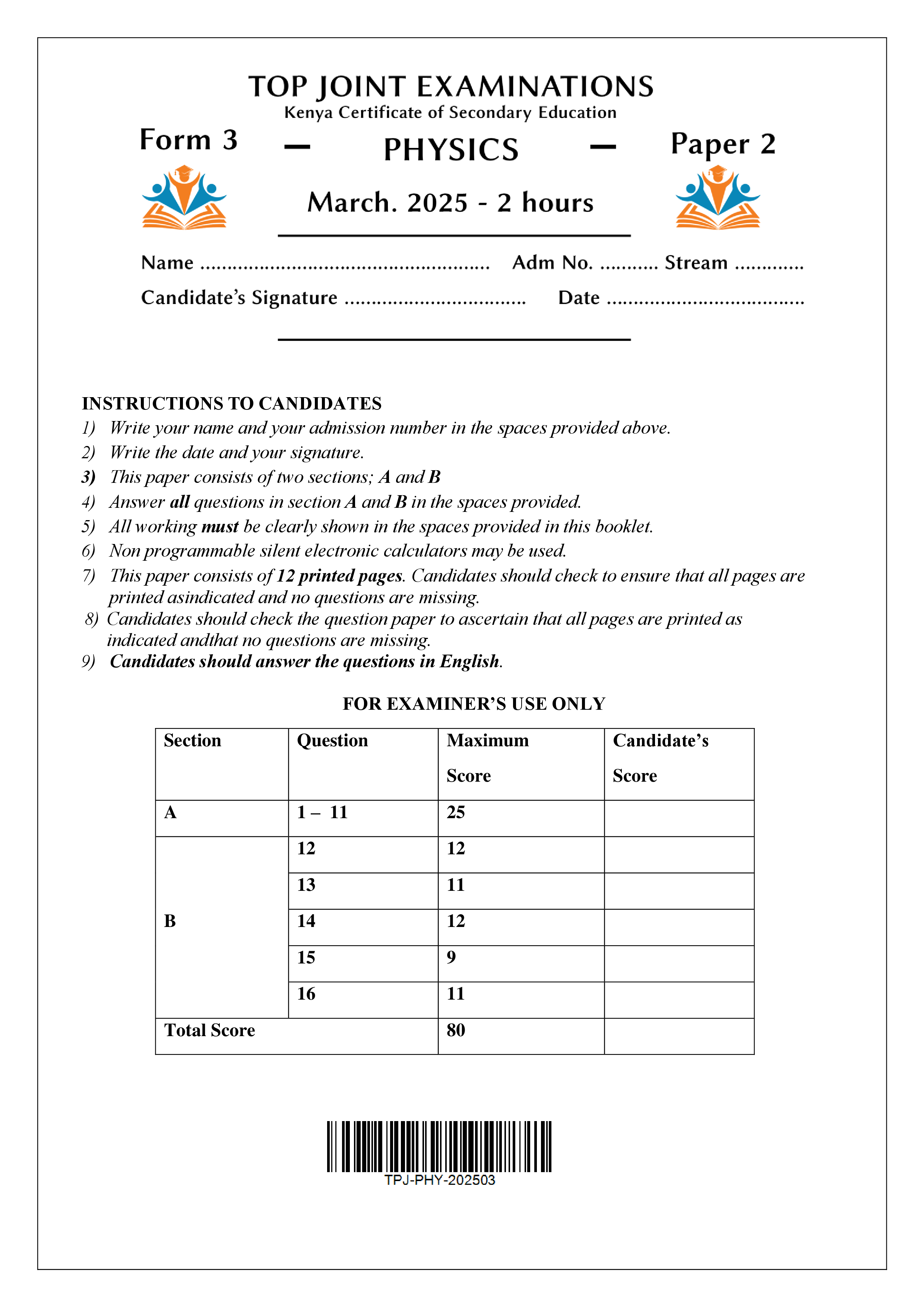 PHYSICS FORM 3 PAPER 2 END TERM 1 2025