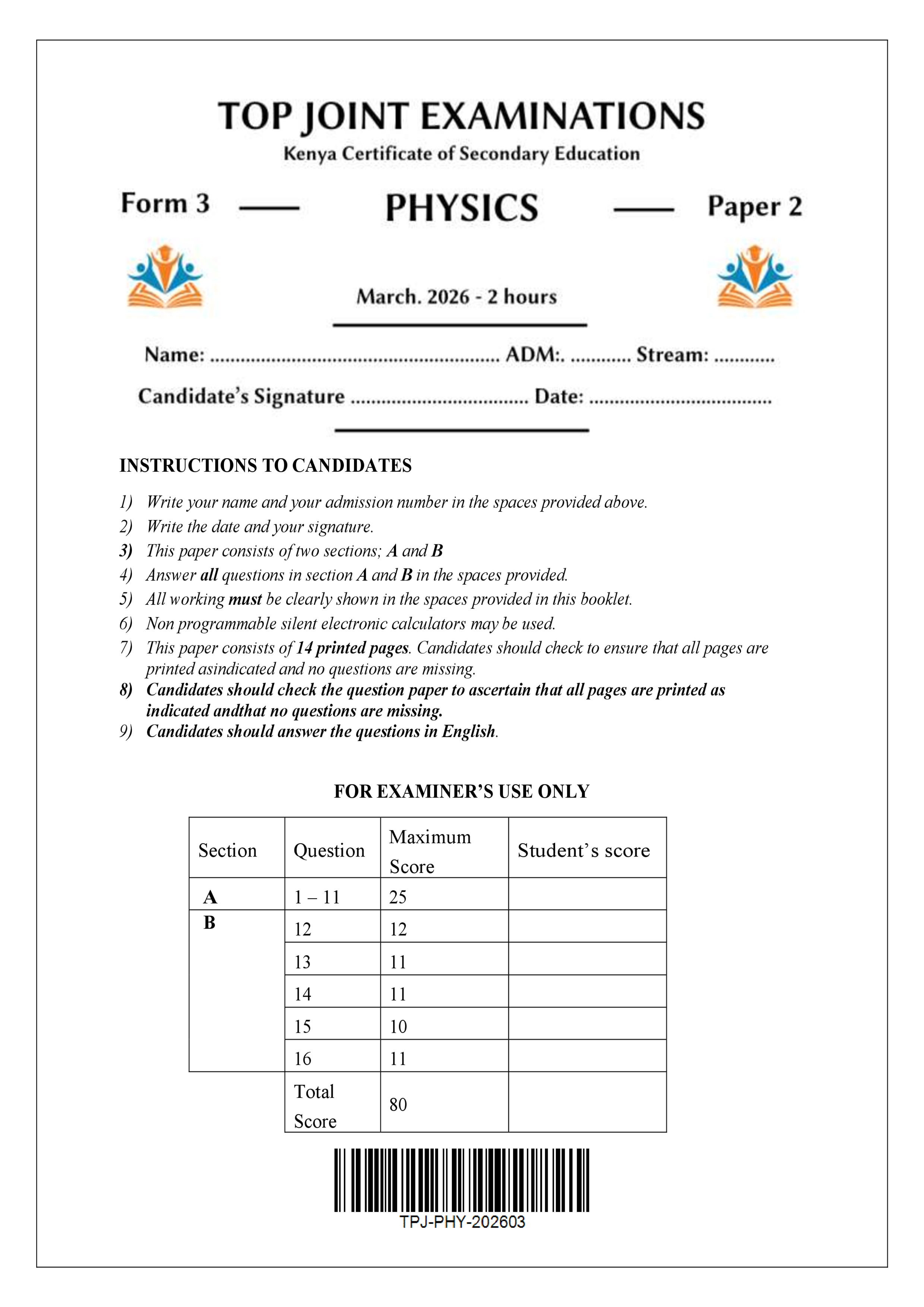 PHYSICS FORM 3 PAPER 2 END TERM 1 2026