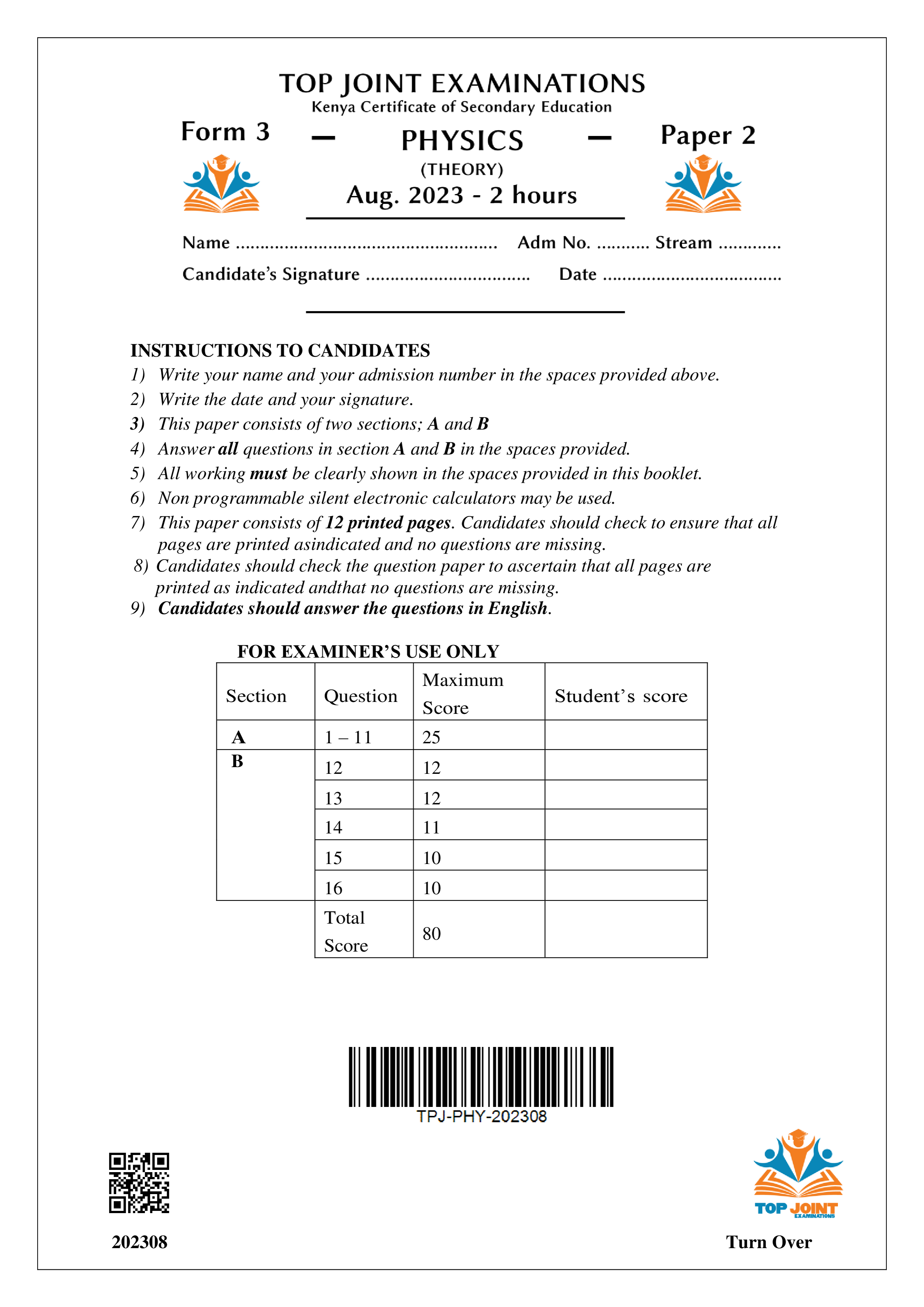 PHYSICS FORM 3 PAPER 2 END TERM 2 2023