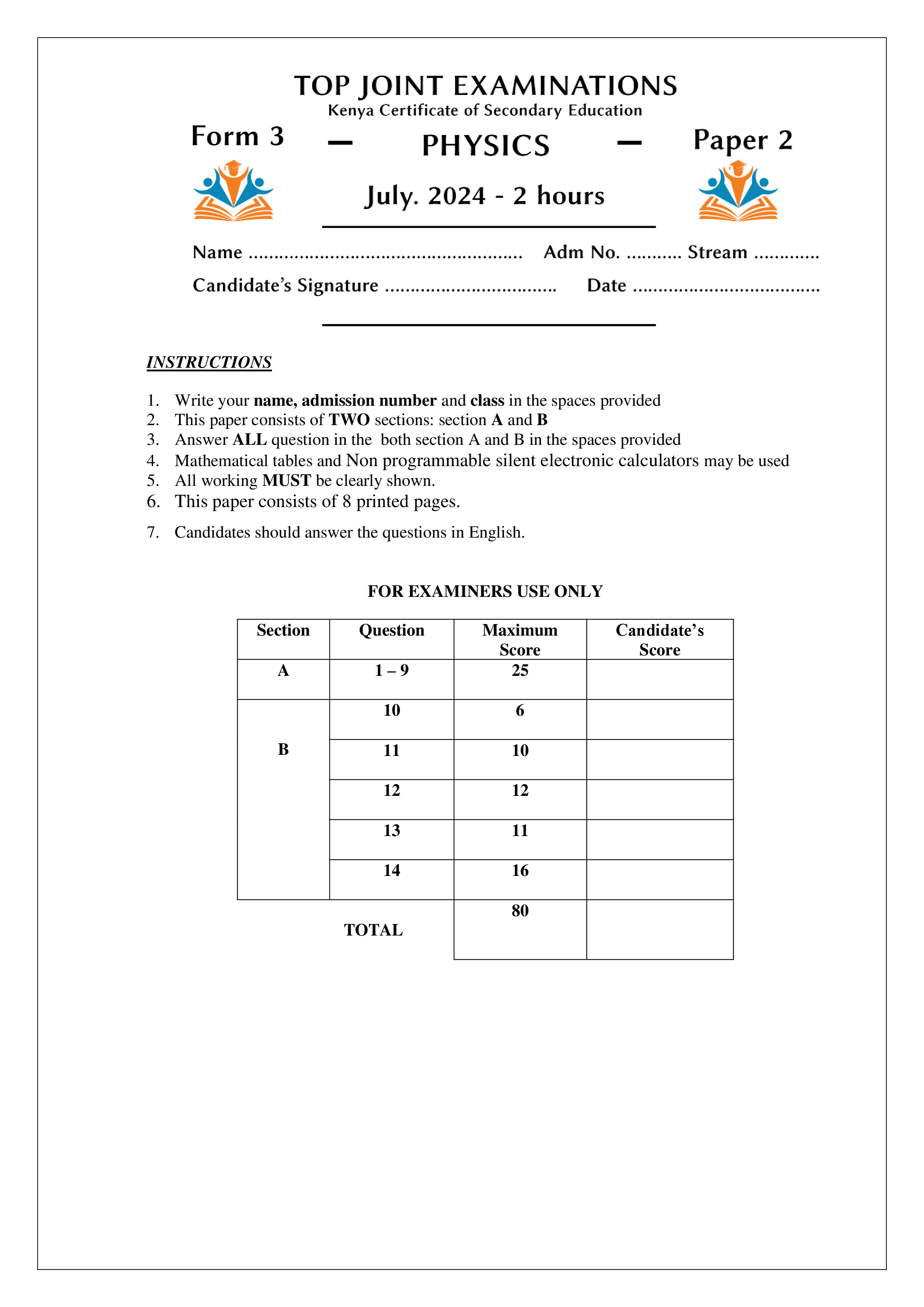 PHYSICS FORM 3 PAPER 2 END TERM 2 2024