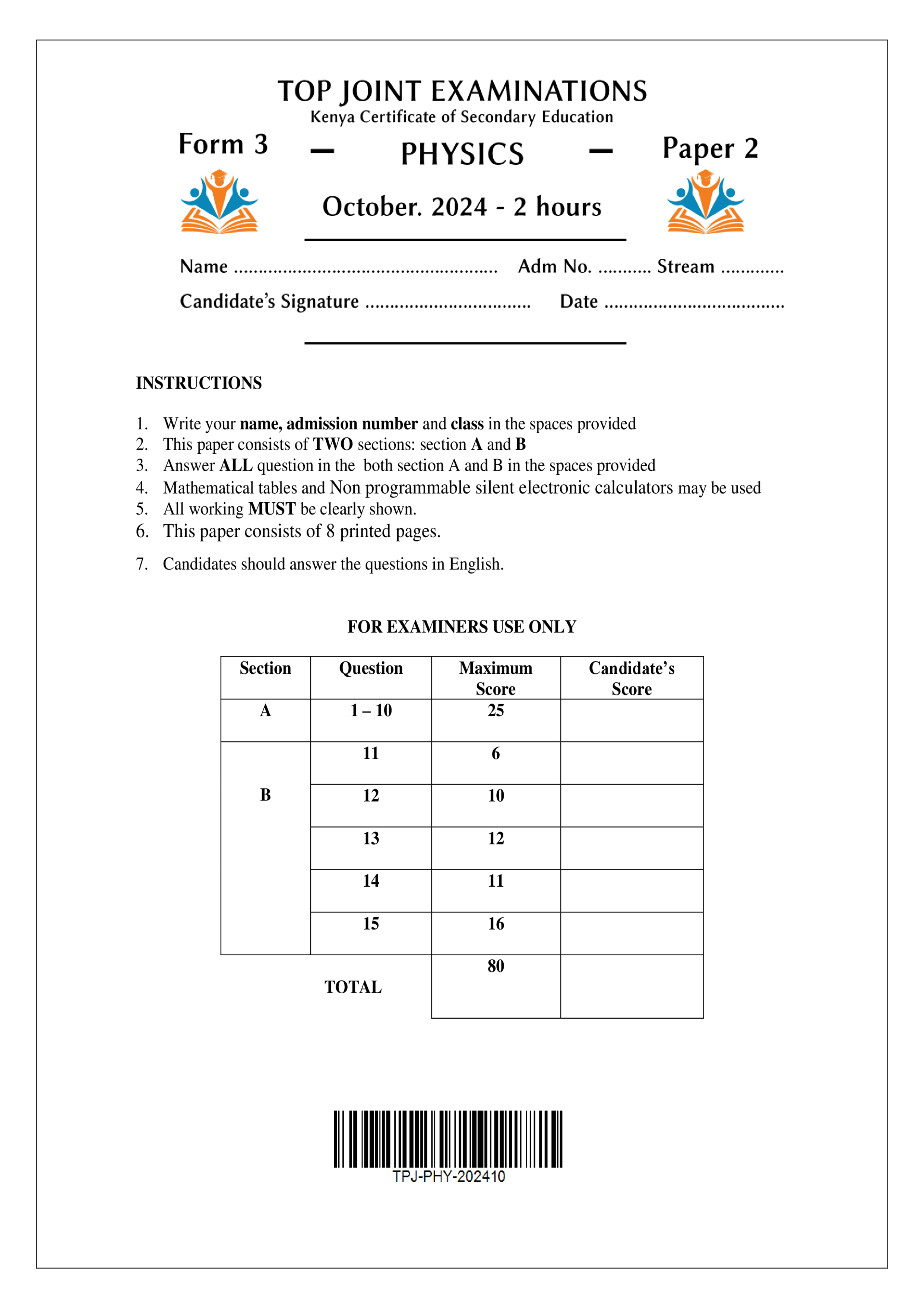 PHYSICS FORM 3 PAPER 2 END TERM 3 2024