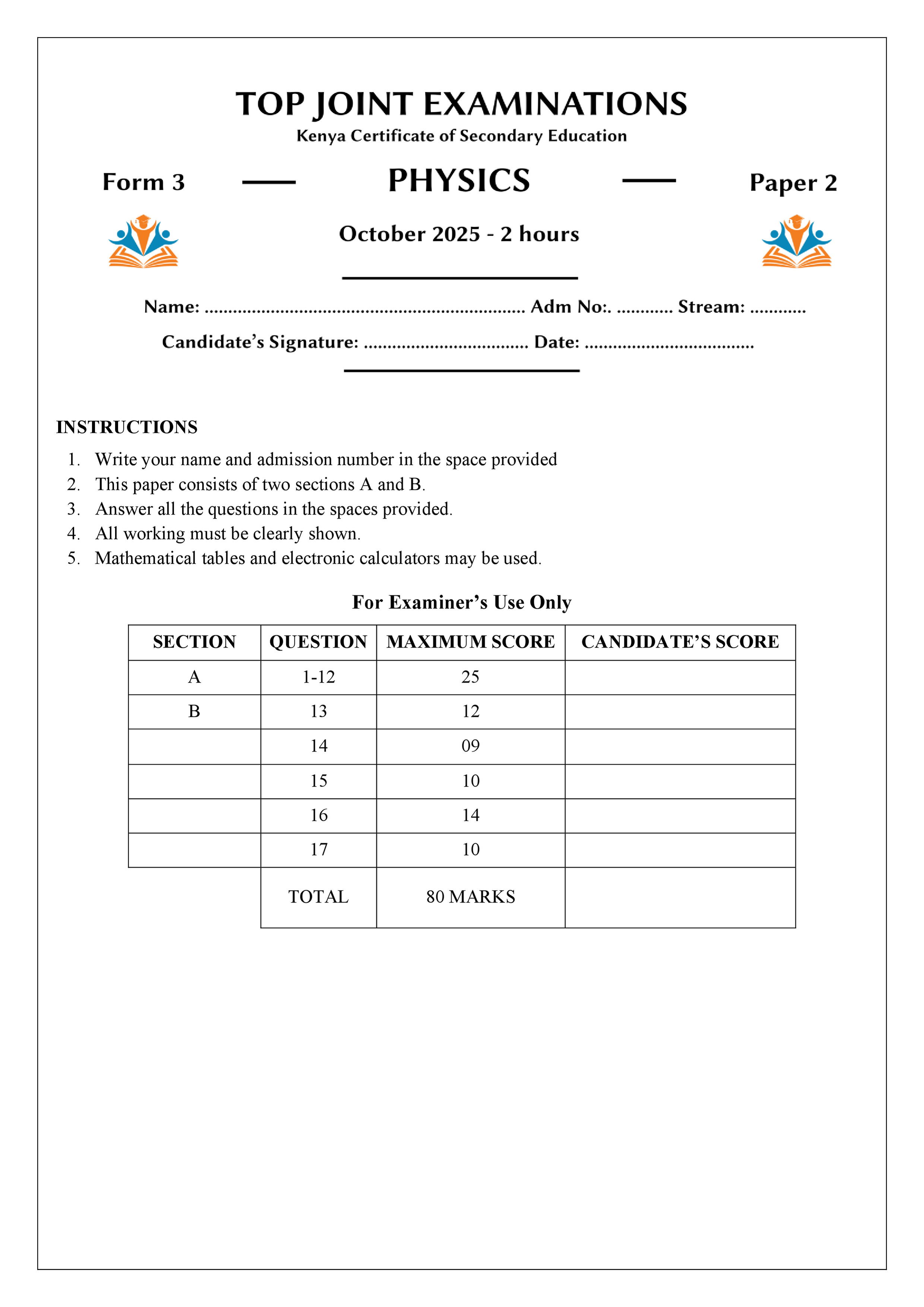 PHYSICS FORM 3 PAPER 2 END TERM 3 2025