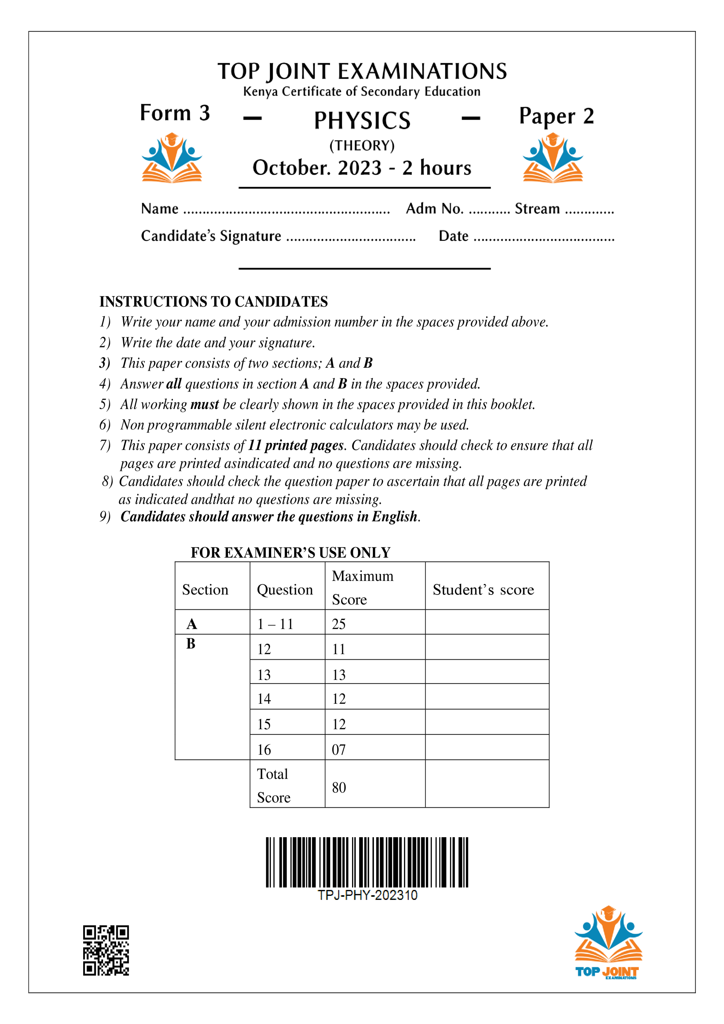 PHYSICS FORM 3 PAPER 2 END TERM 3 2023