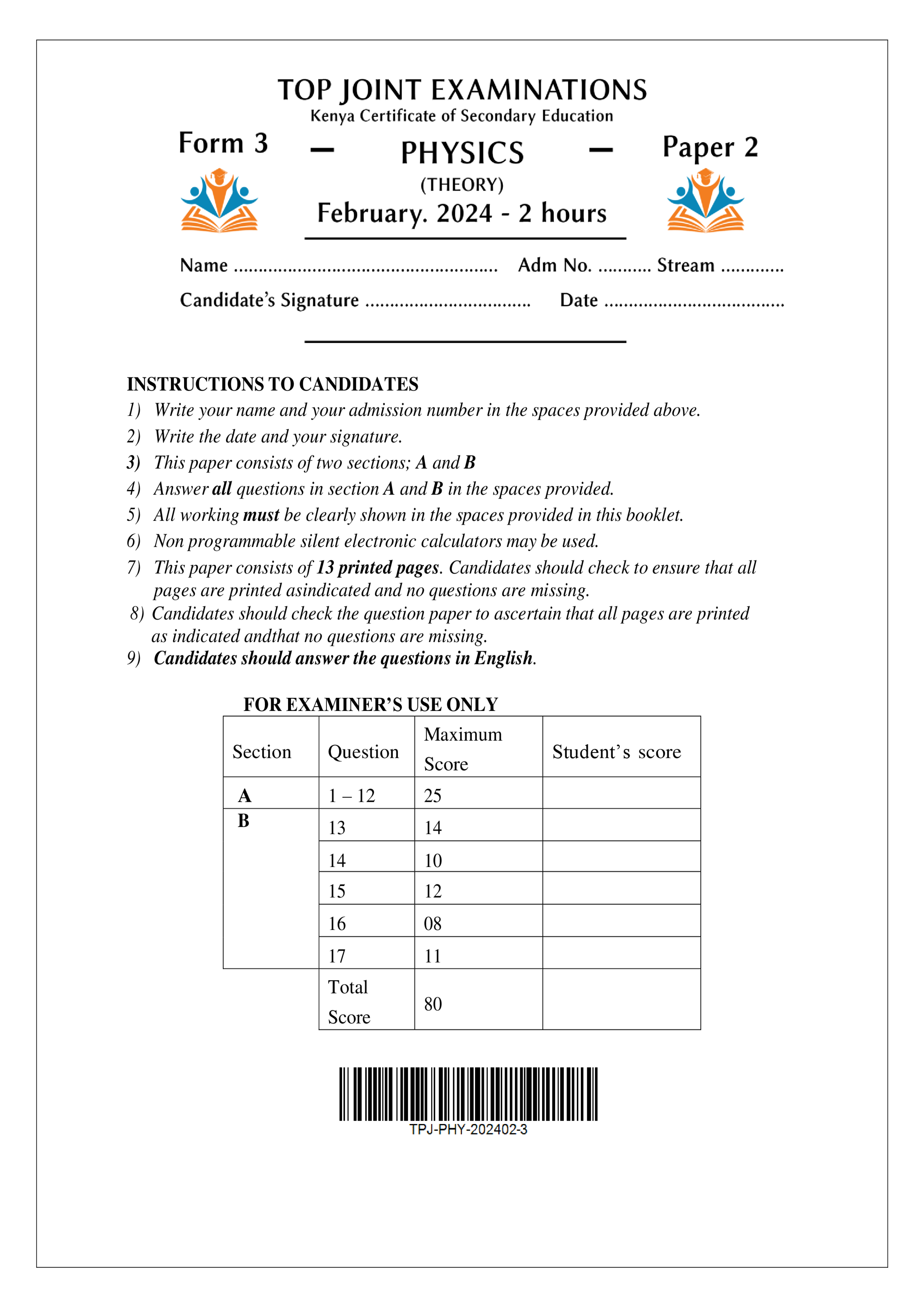 PHYSICS FORM 3 PAPER 2 MID TERM 1 2024