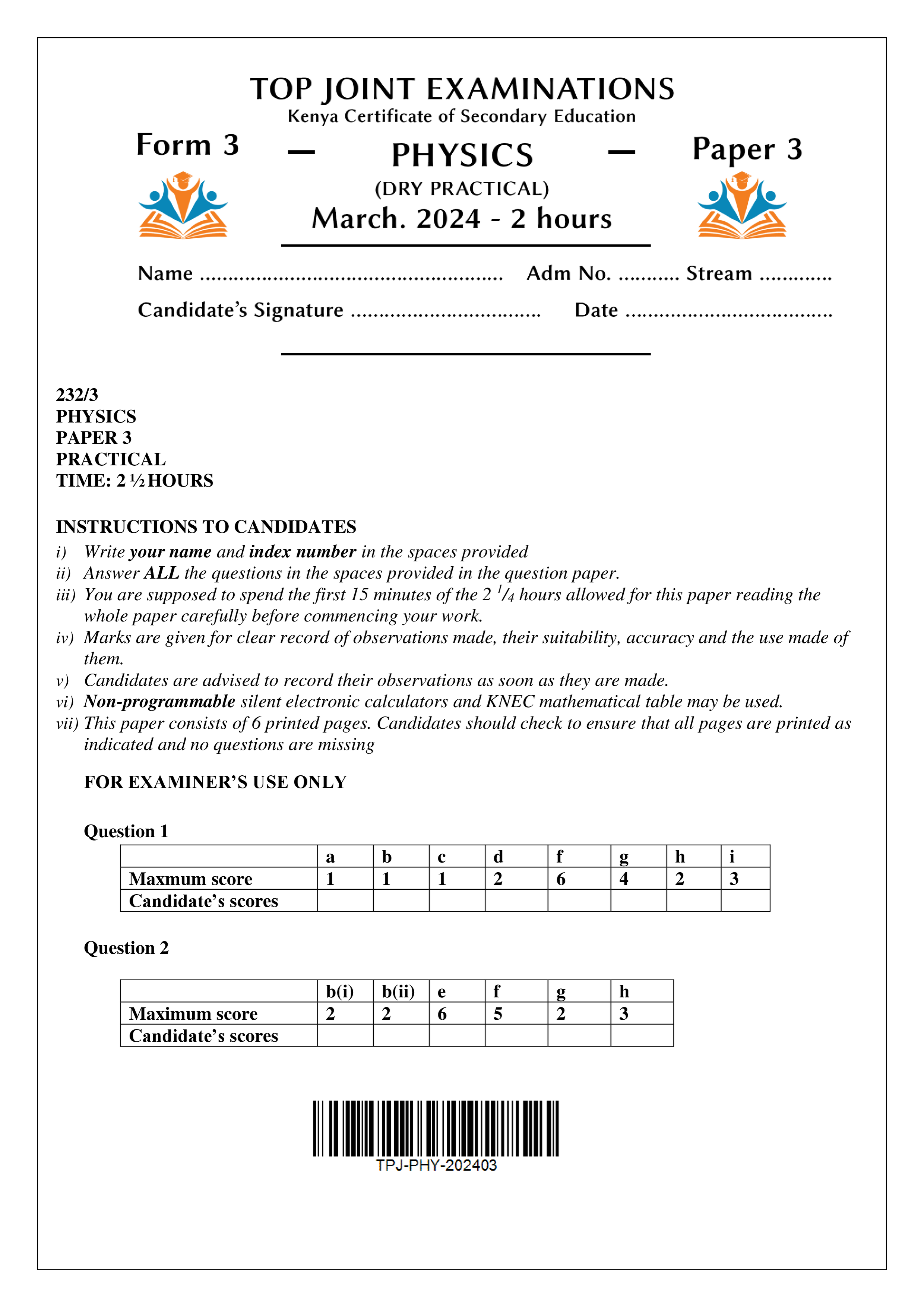 PHYSICS FORM 3 PAPER 3 END TERM 1 2024
