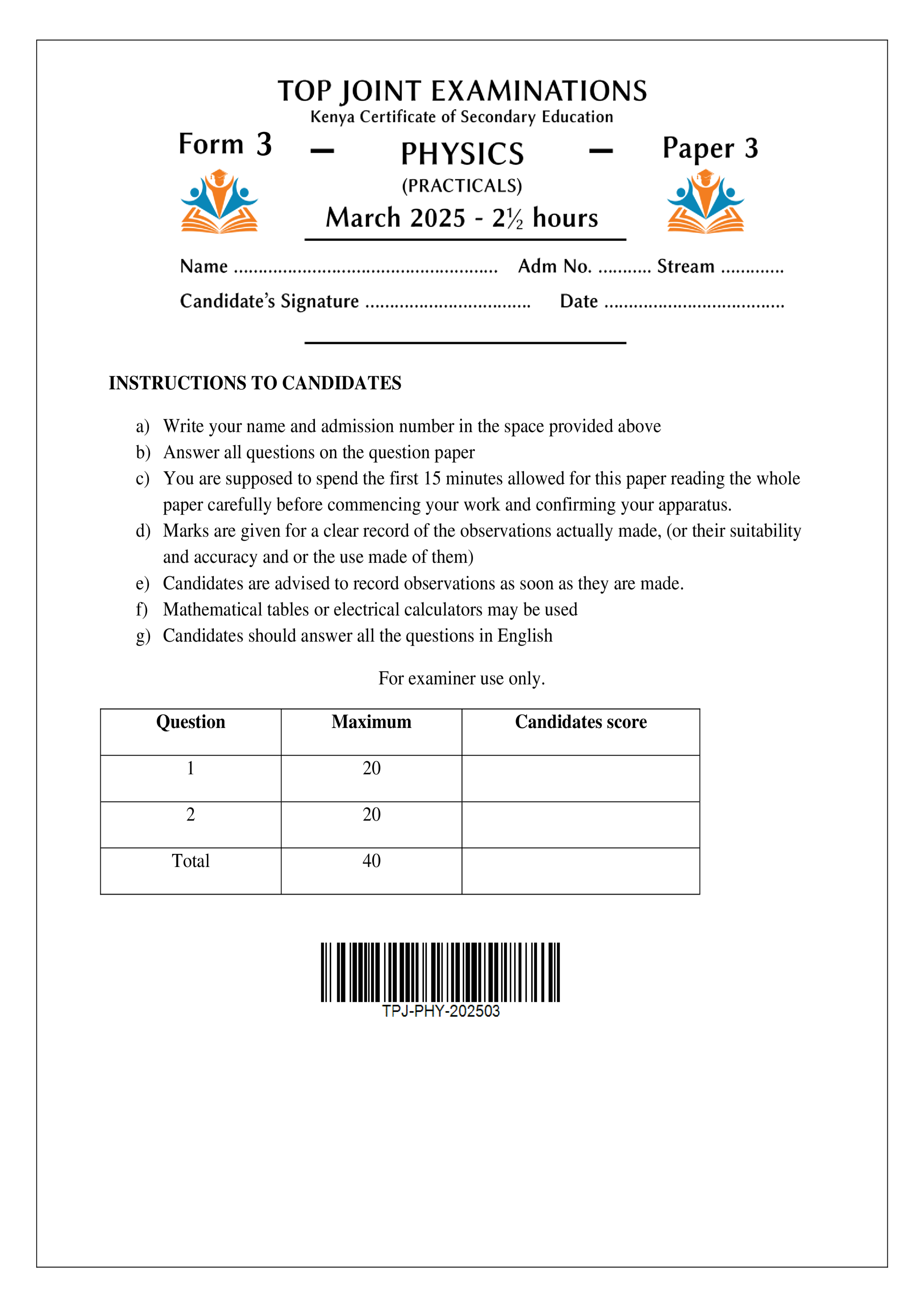 PHYSICS FORM 3 PAPER 3 END TERM 1 2025