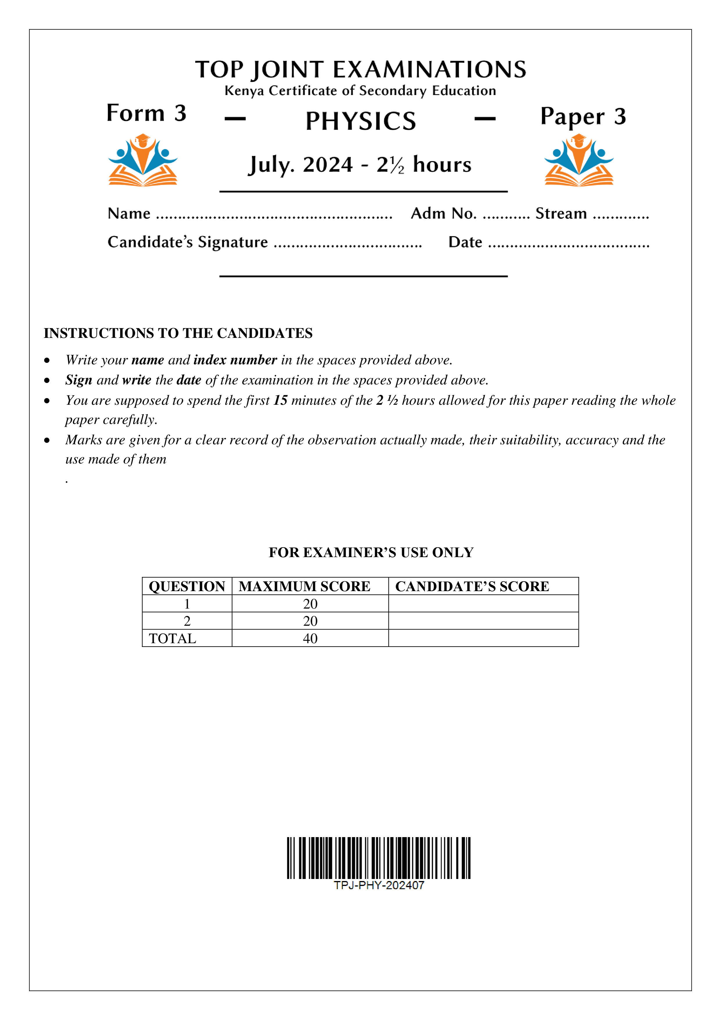 PHYSICS FORM 3 PAPER 3 END TERM 2 2024