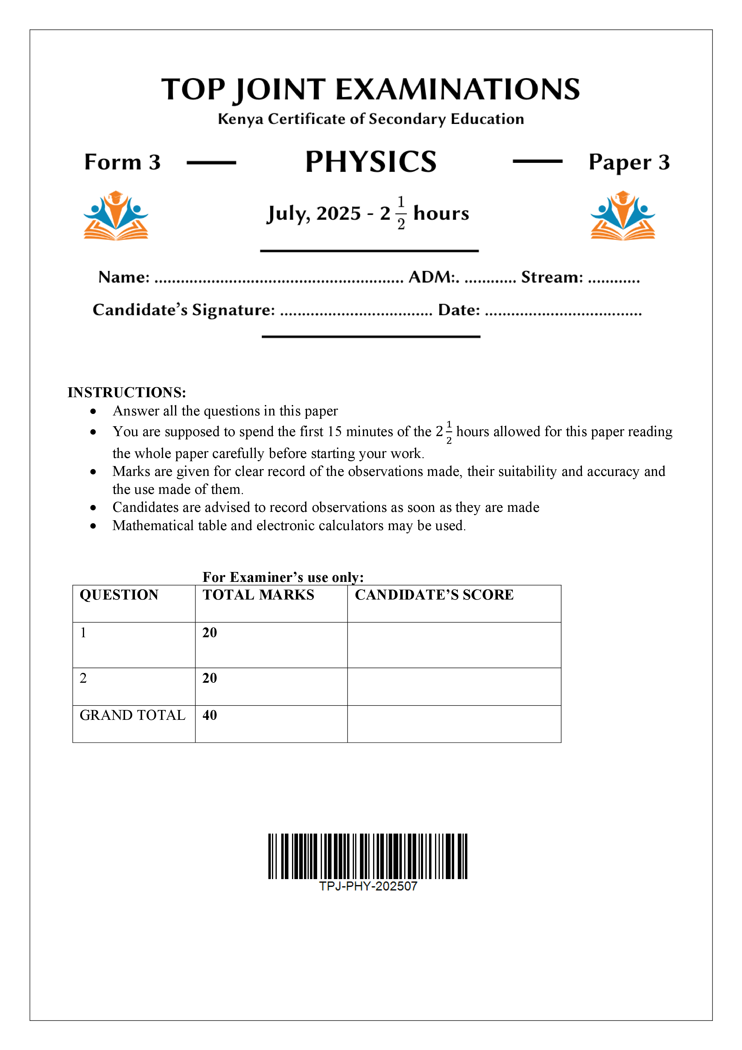 PHYSICS FORM 3 PAPER 3 END TERM 2 2025