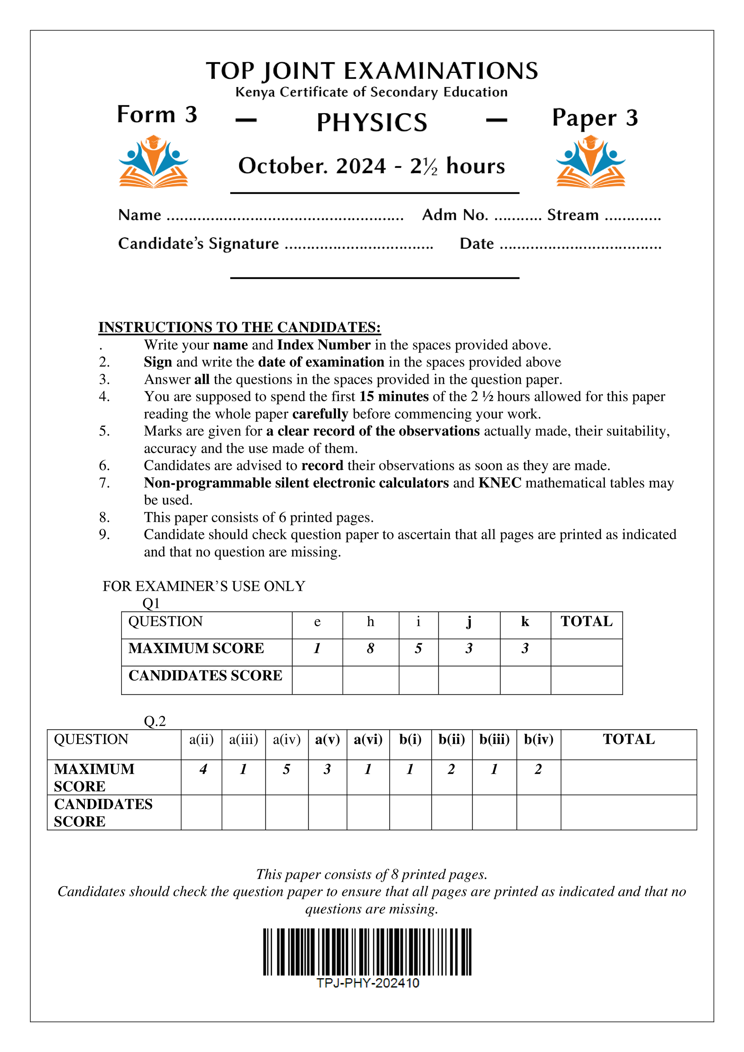 PHYSICS FORM 3 PAPER 3 END TERM 3 2024