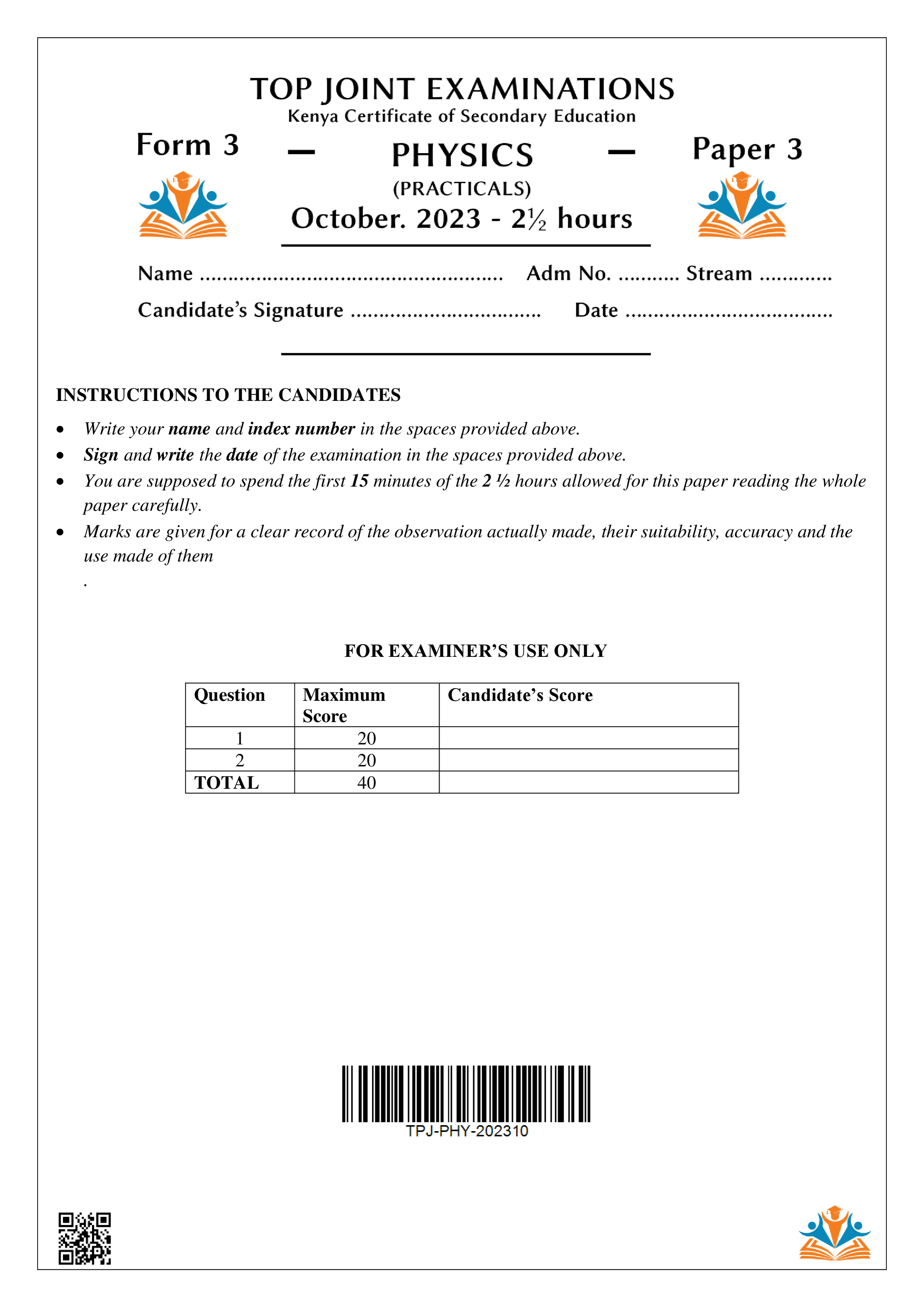 PHYSICS FORM 3 PAPER 3 END TERM 3 2023