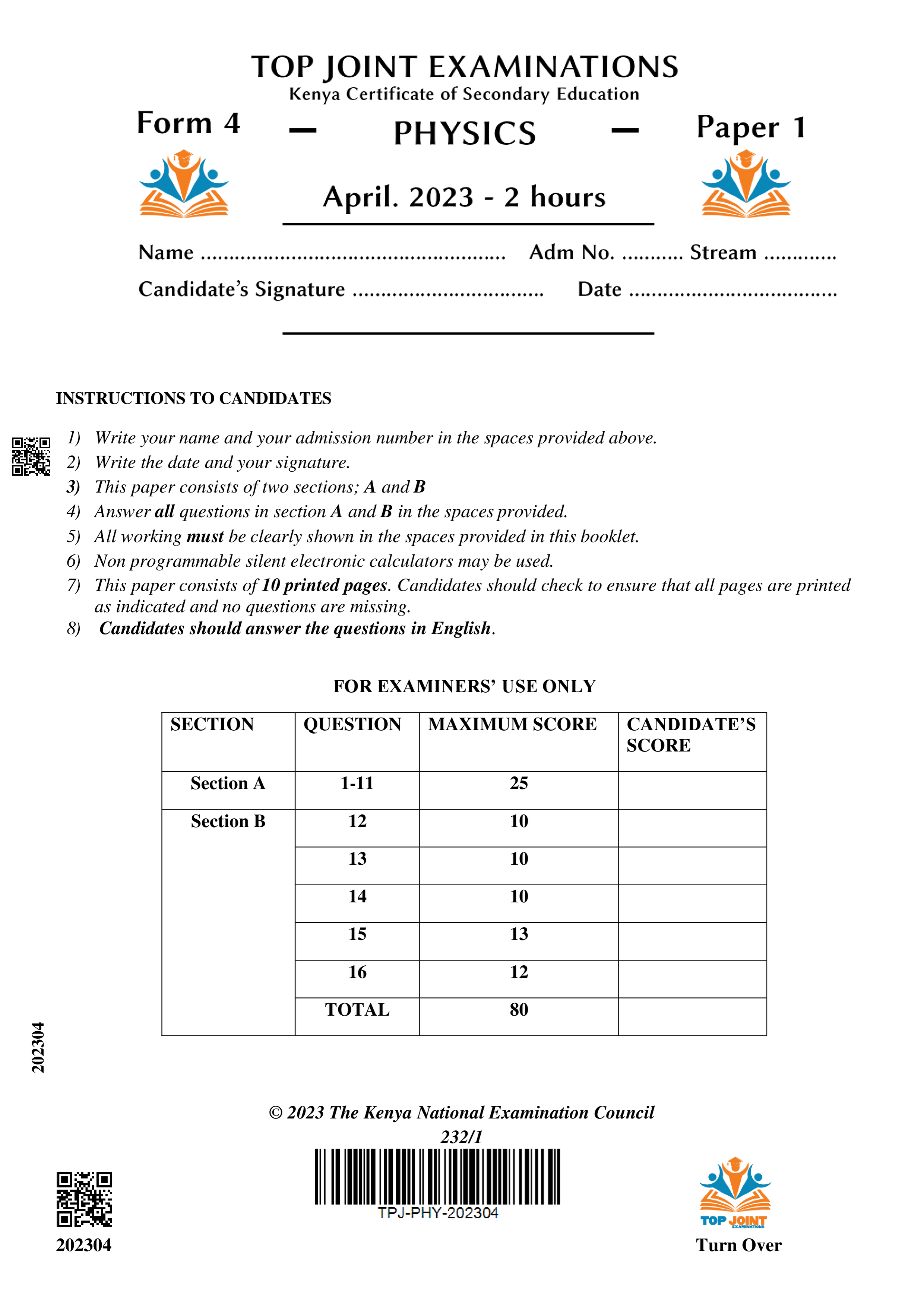PHYSICS FORM 4 PAPER 1 END TERM 1 2023