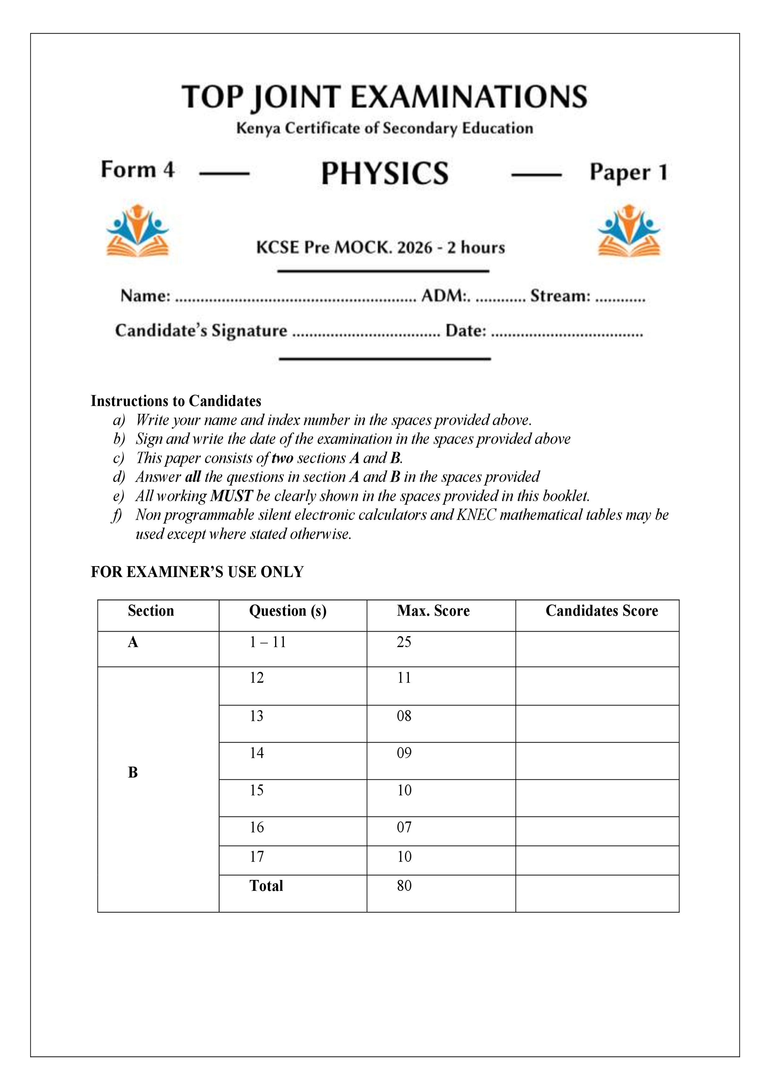 PHYSICS FORM 4 PAPER 1 END TERM 1 2026
