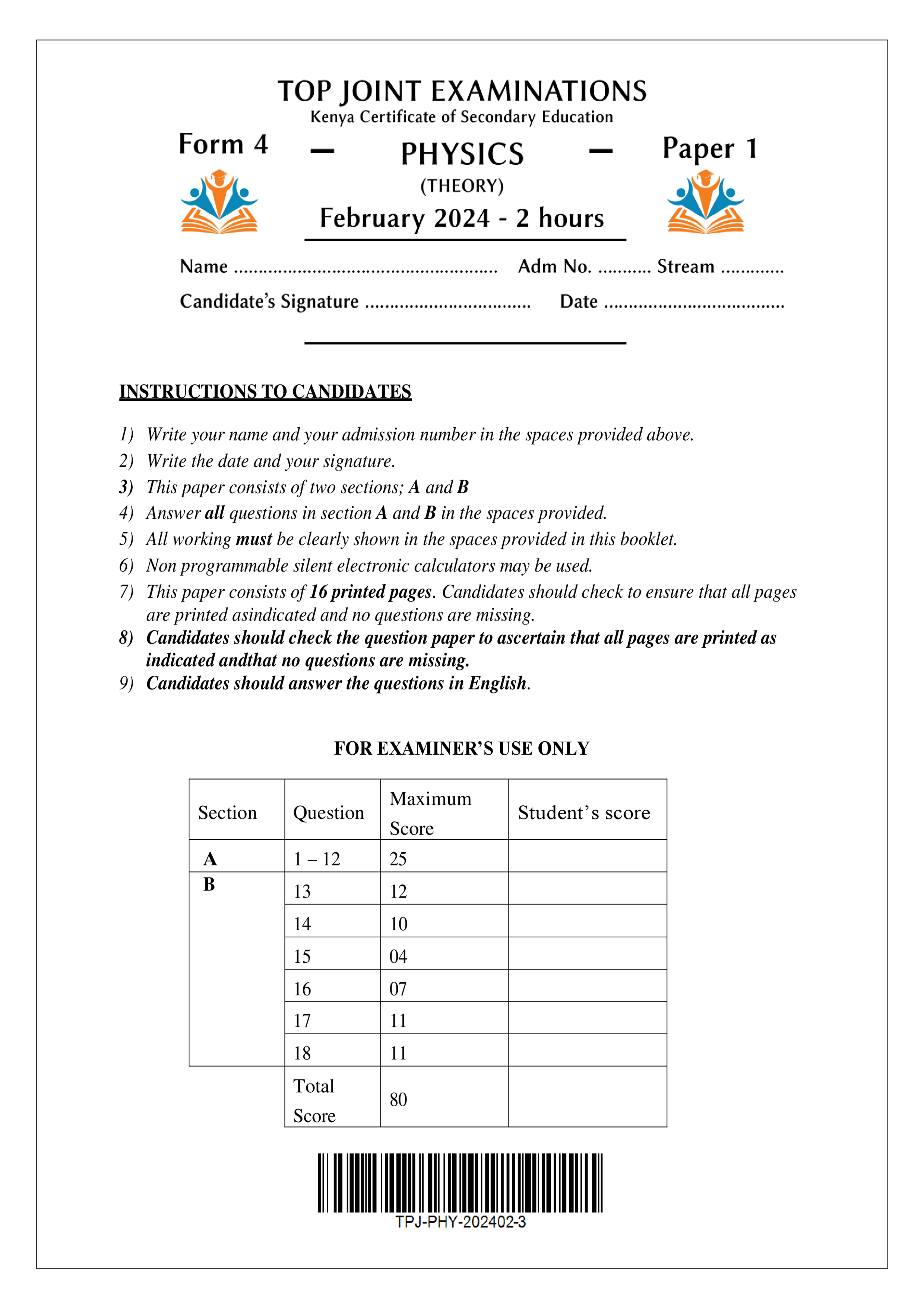 PHYSICS FORM 4 PAPER 1 MID TERM 1 2024