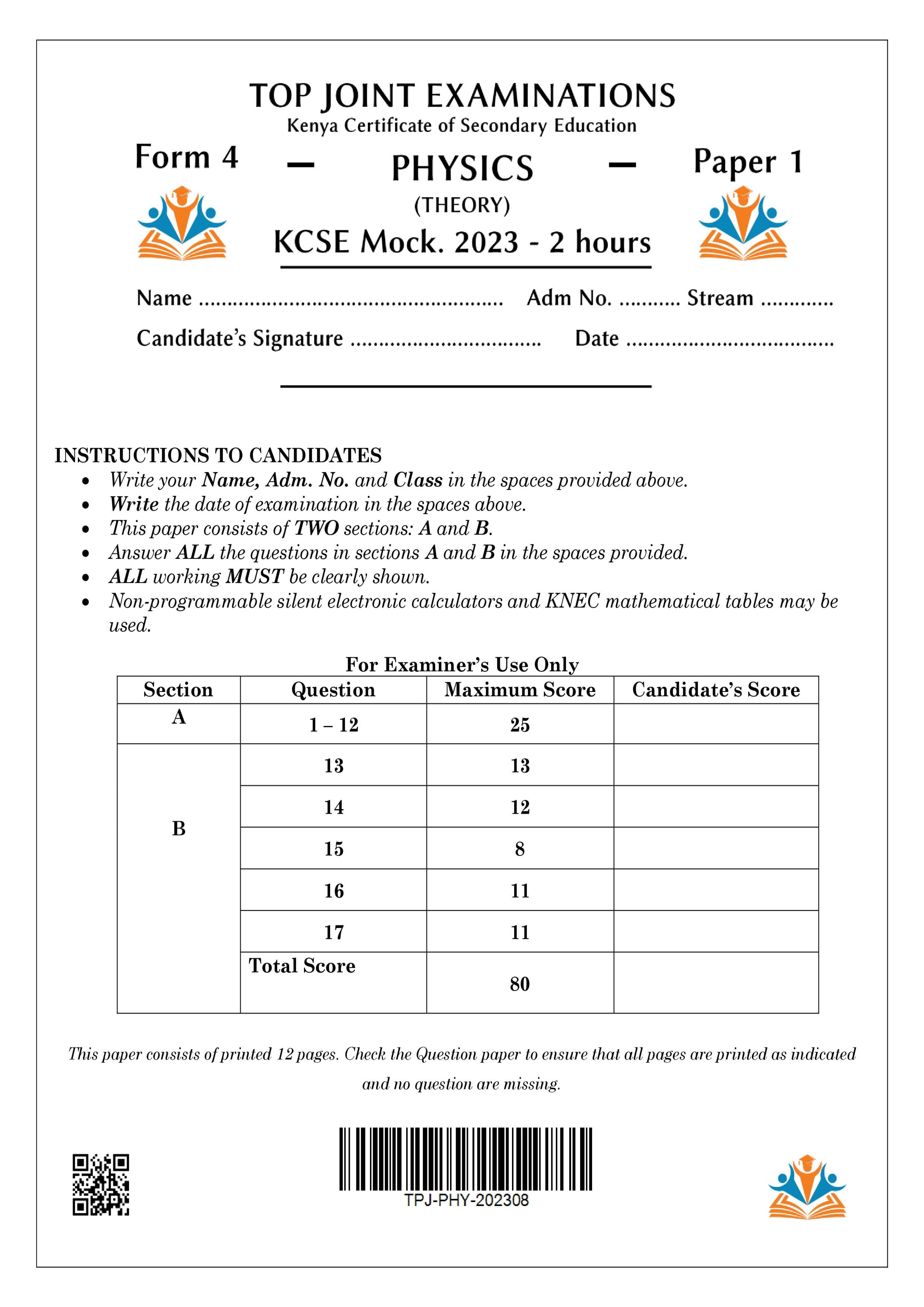 PHYSICS FORM 4 PAPER 1 KCSE MOCK 2023