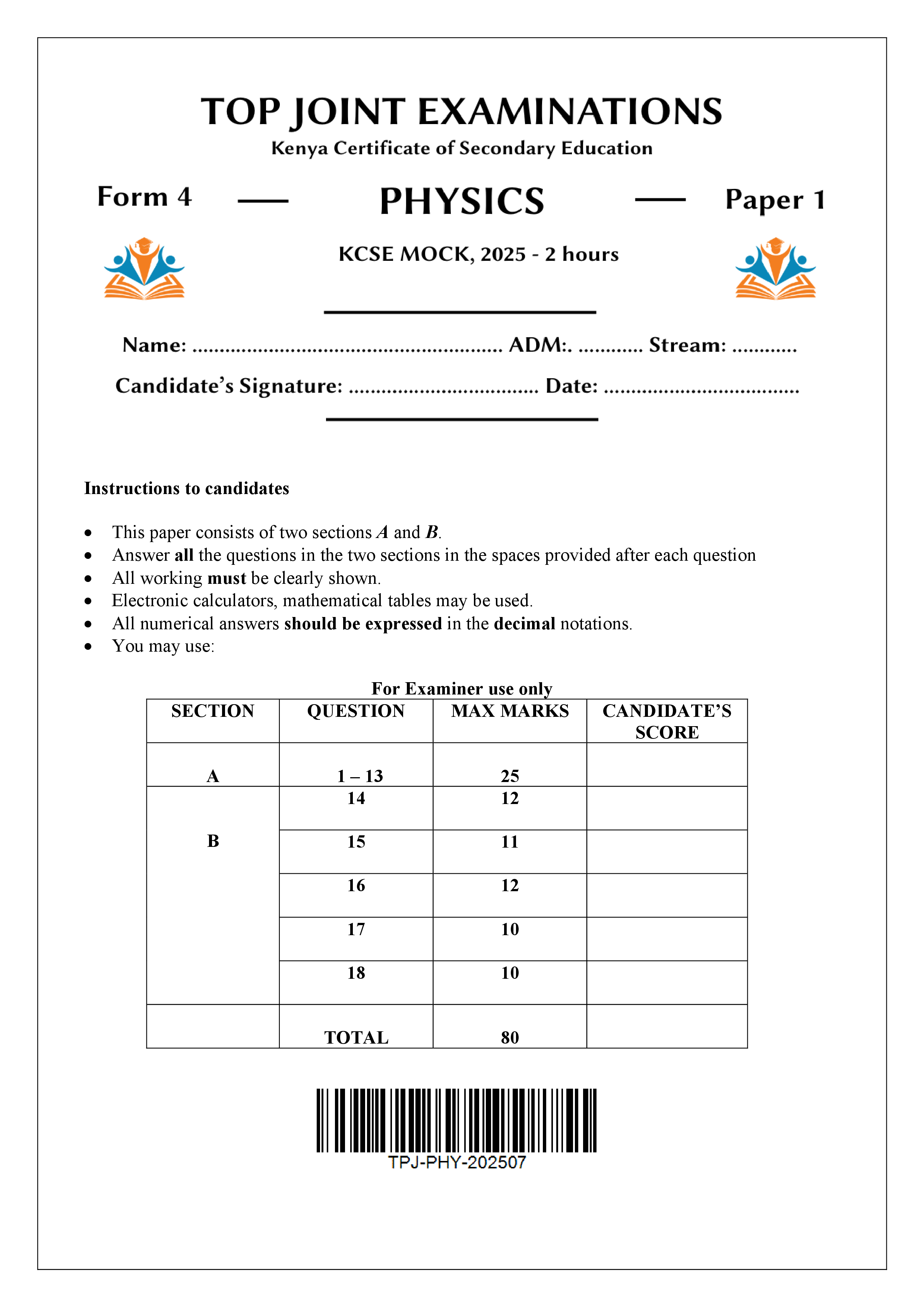 PHYSICS FORM 4 PAPER 1 MOCK 2025