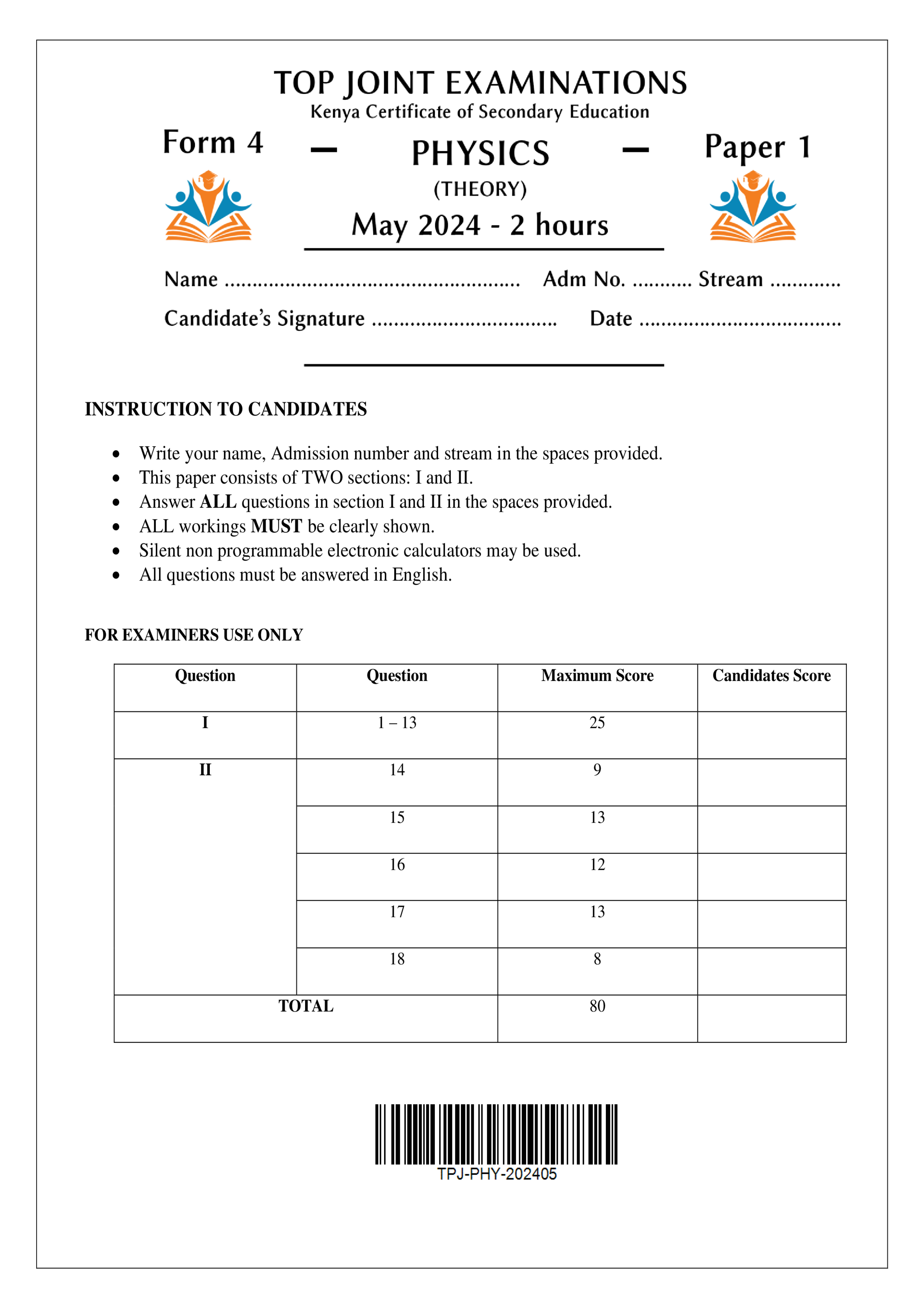 PHYSICS FORM 4 PAPER 1 OPENER TERM 2 2024